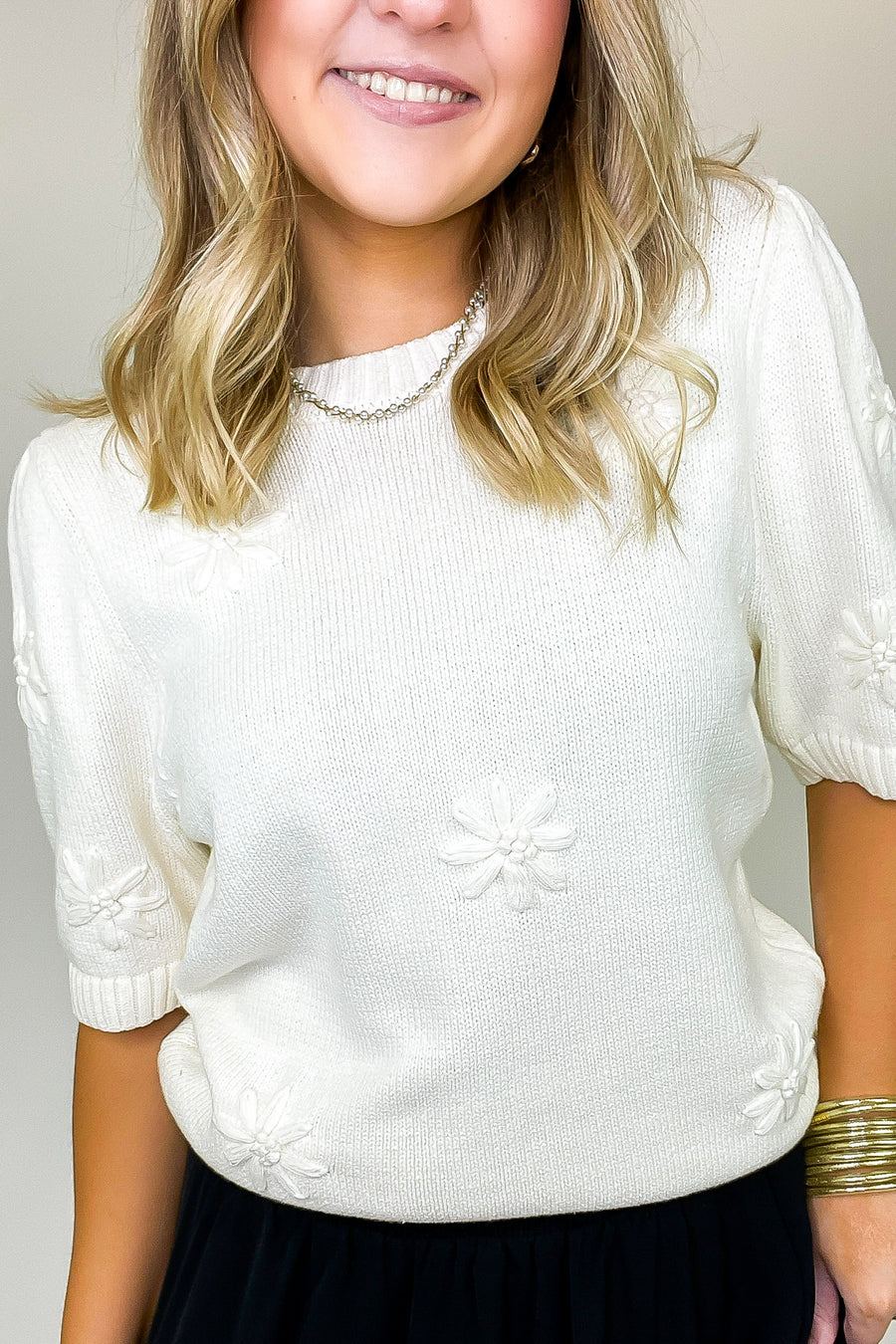 Daisy Blur Knitted Short Sleeve Sweater - Madison and Mallory