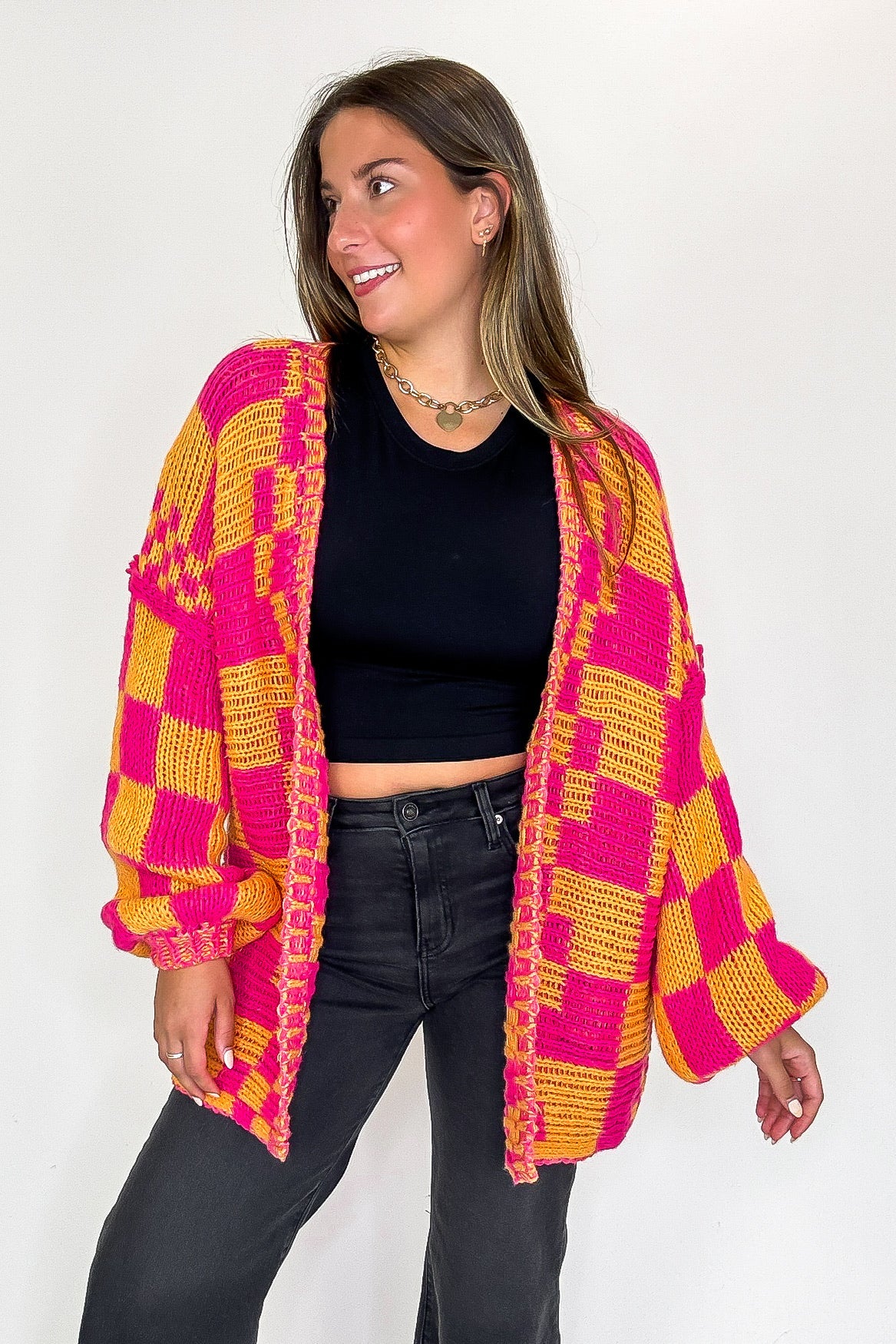 Fuchsia/Mustard / S The Vibe Check Mixed Pattern Loose Fit Chunky Cardigan - Madison and Mallory