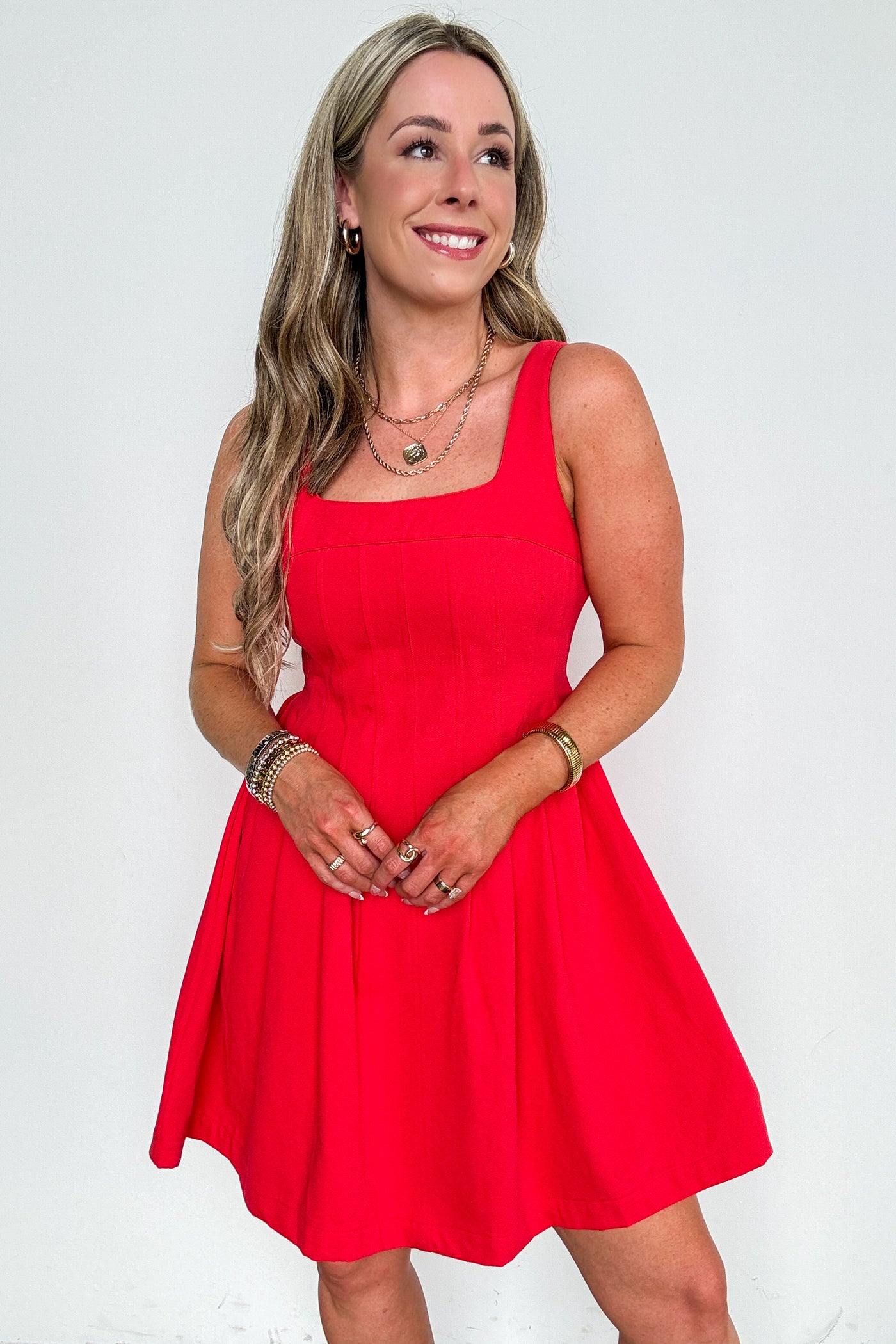 Lovely Boldness Fit And Flare Pleated Detail Sleeveless Dress - Madison and Mallory