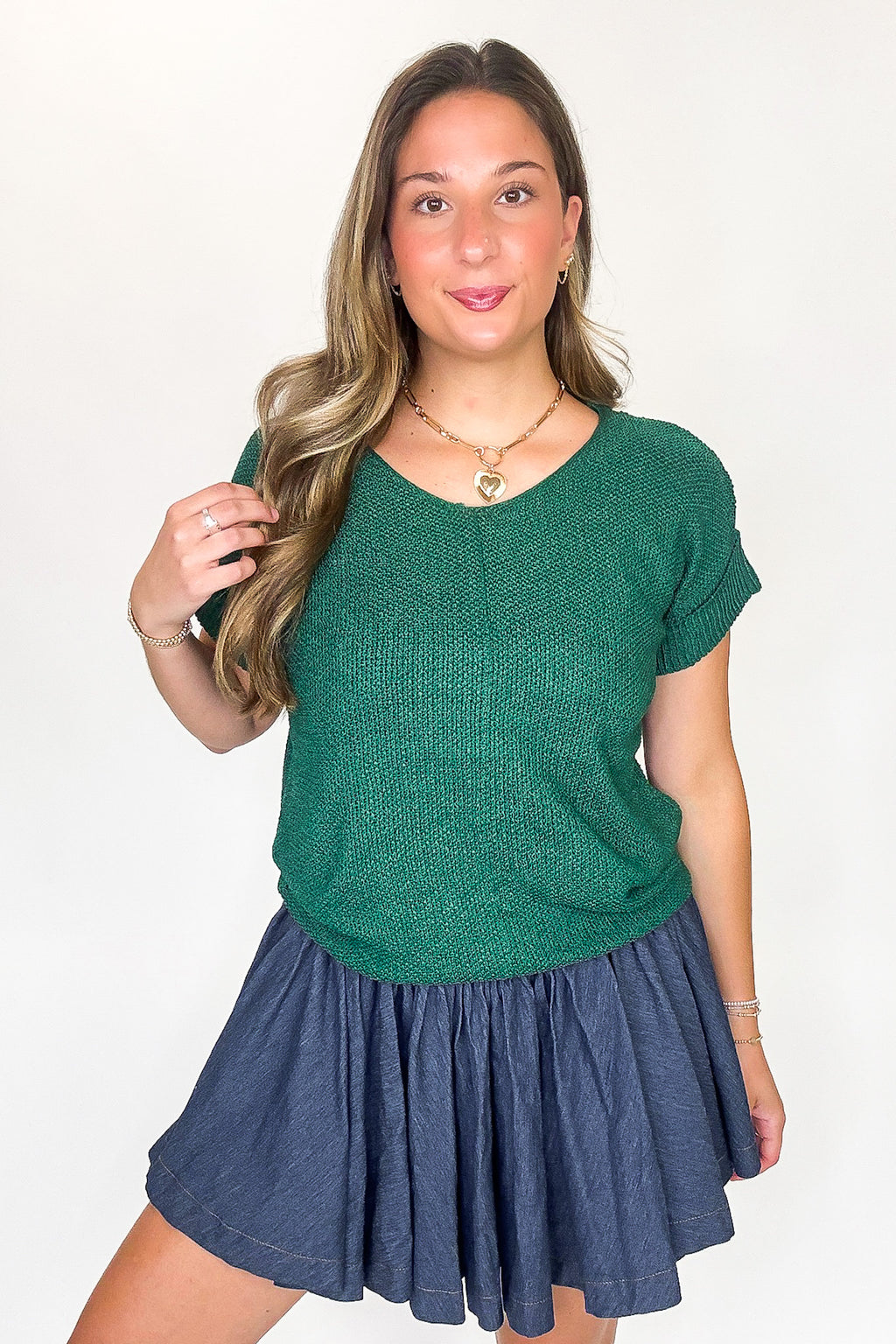 Dark Green / S Soft Form Short Sleeve Knit Top - Madison and Mallory