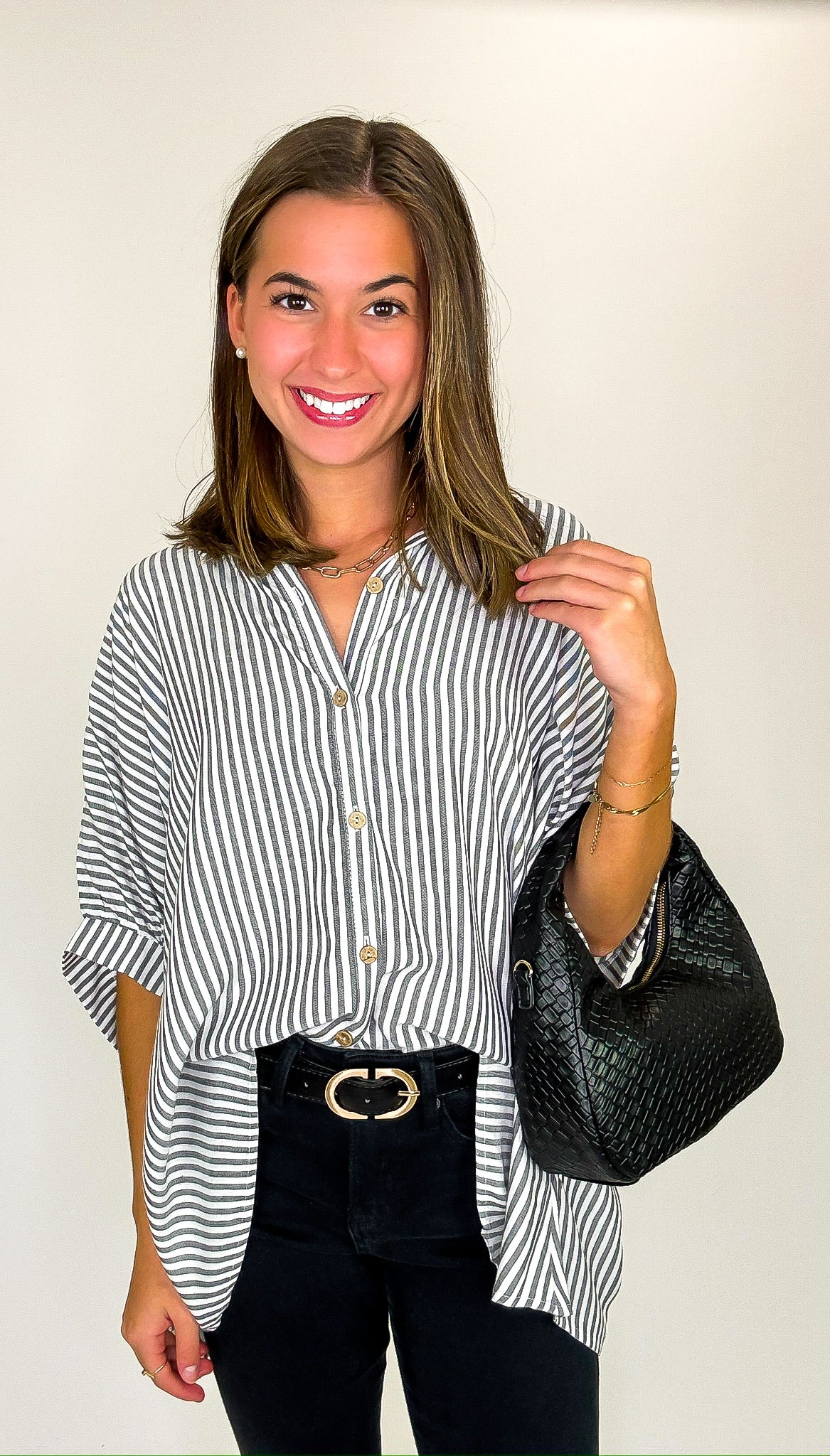 Black / SM JoJo Striped Button Down Relaxed Top - BACK IN STOCK - Madison and Mallory