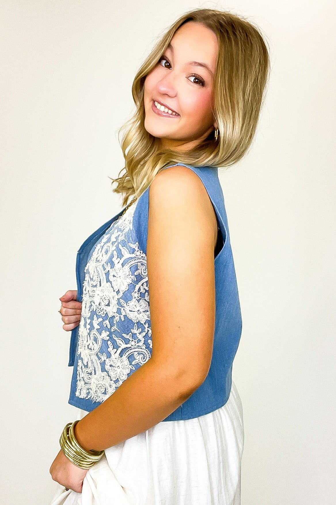Casual Textures Denim and Lace Vest - FINAL SALE - Madison and Mallory