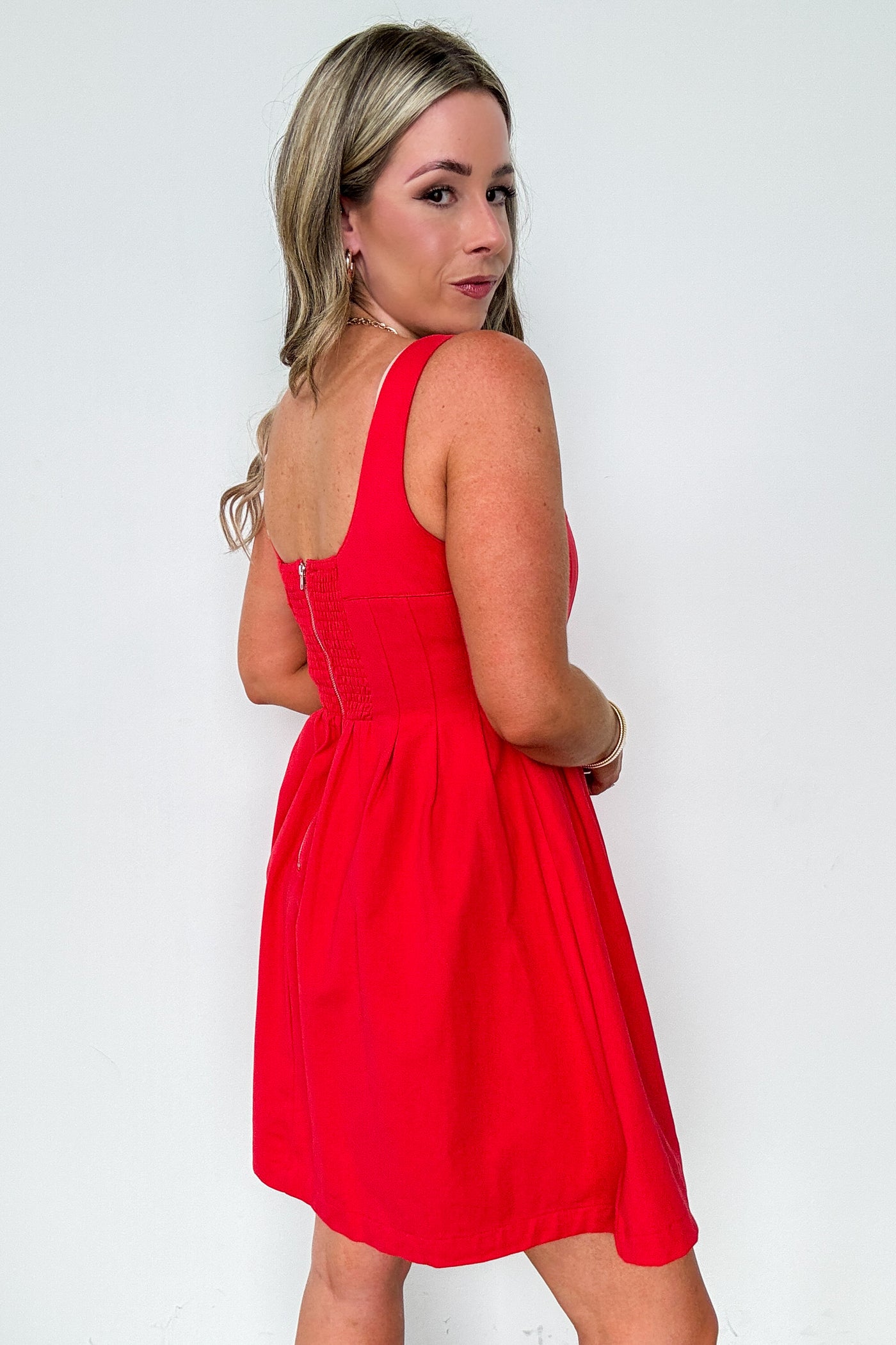 Lovely Boldness Fit And Flare Pleated Detail Sleeveless Dress - Madison and Mallory