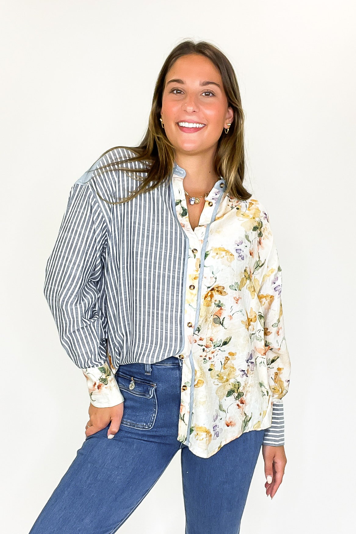 Garden Lines Relaxed Fit Long Sleeve Striped And Floral Top - Madison and Mallory