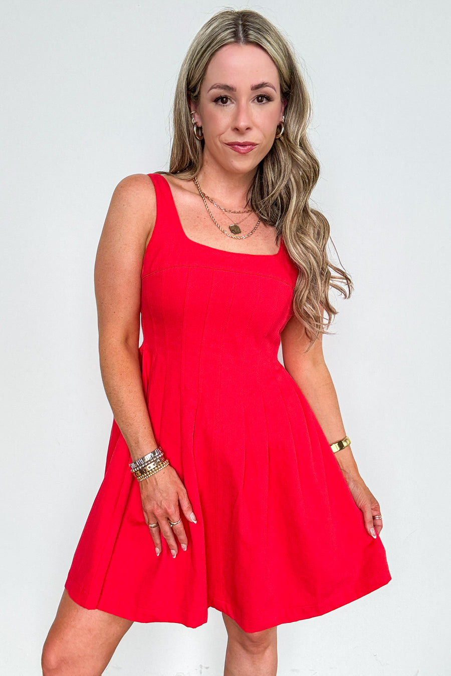 Lovely Boldness Fit And Flare Pleated Detail Sleeveless Dress - Madison and Mallory