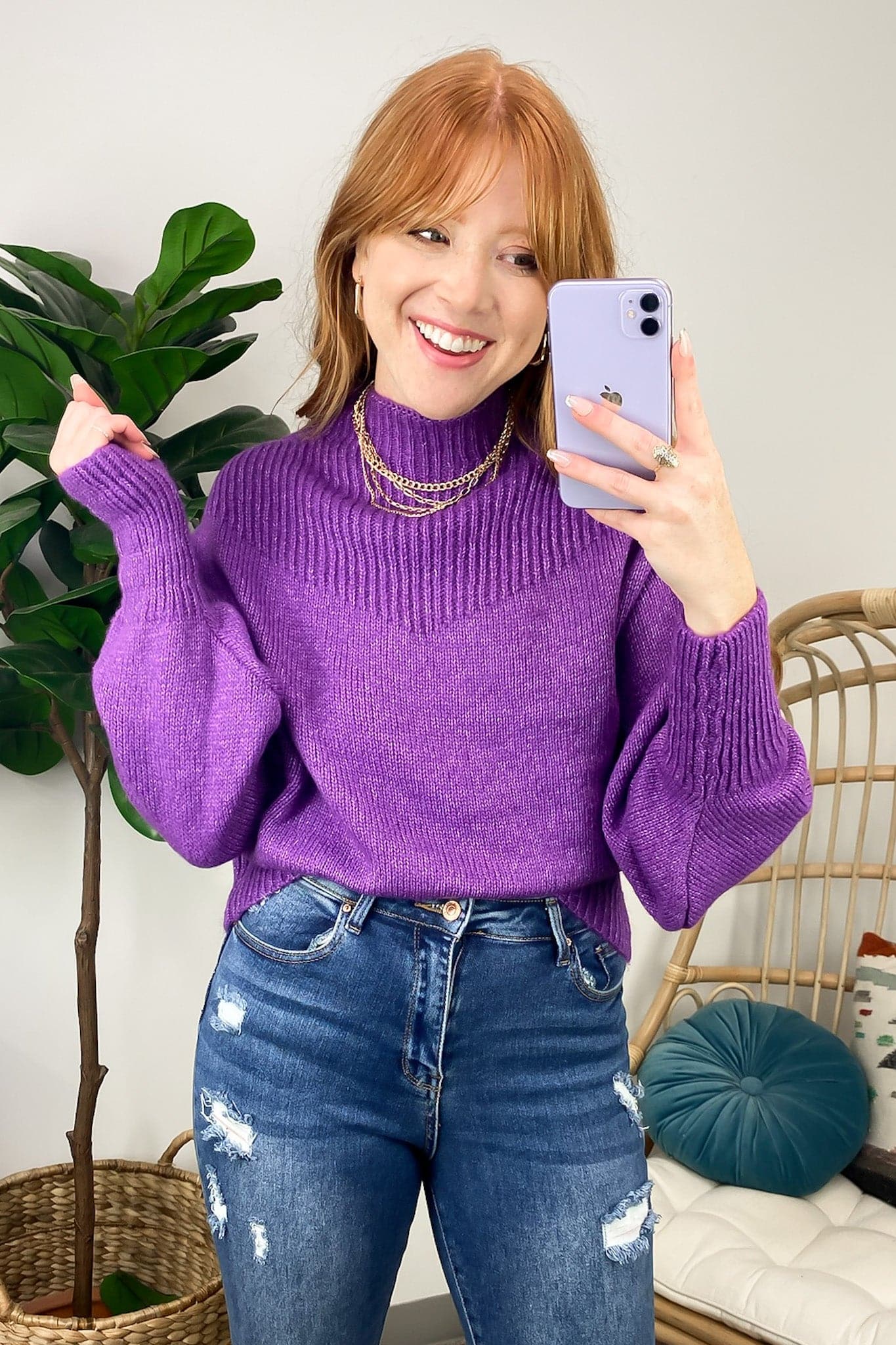 Heather Violet / S Adani Balloon Sleeve Mock Neck Sweater - FINAL SALE - Madison and Mallory