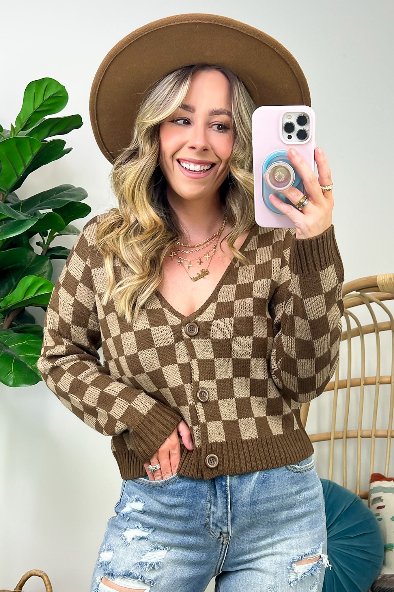 Taupe/Brown / S Addison Checkered Crop Cardigan - FINAL SALE - Madison and Mallory
