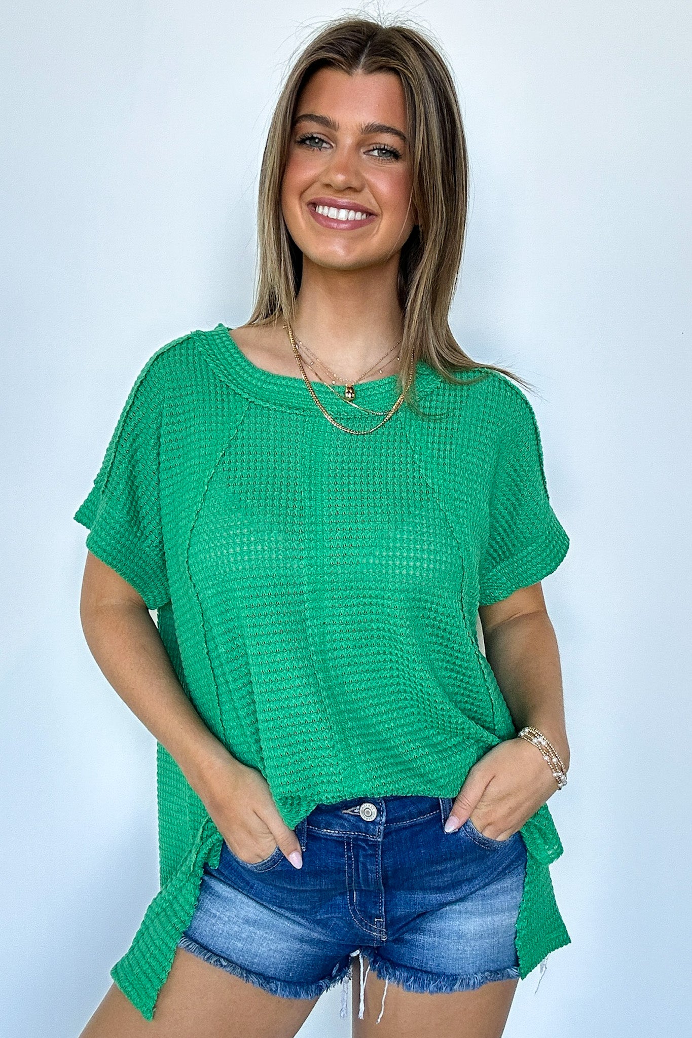 Kelly Green / SM Adele Waffle Knit Exposed Seam Top - BACK IN STOCK - Madison and Mallory