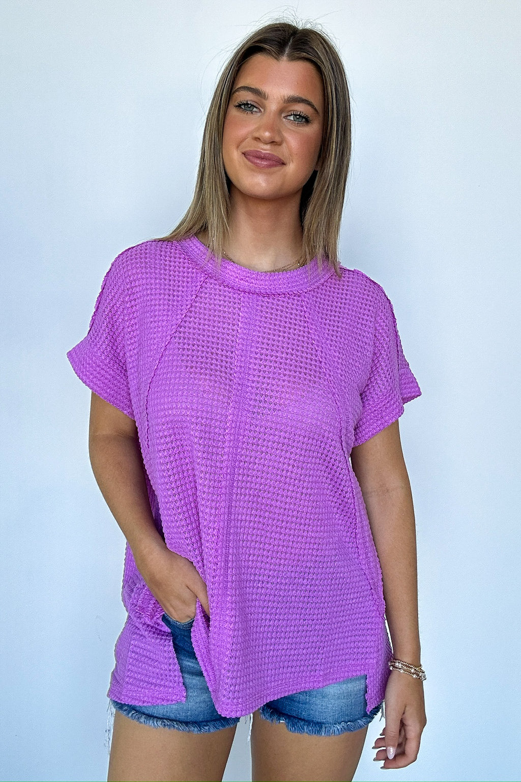  Adele Waffle Knit Exposed Seam Top - BACK IN STOCK - Madison and Mallory