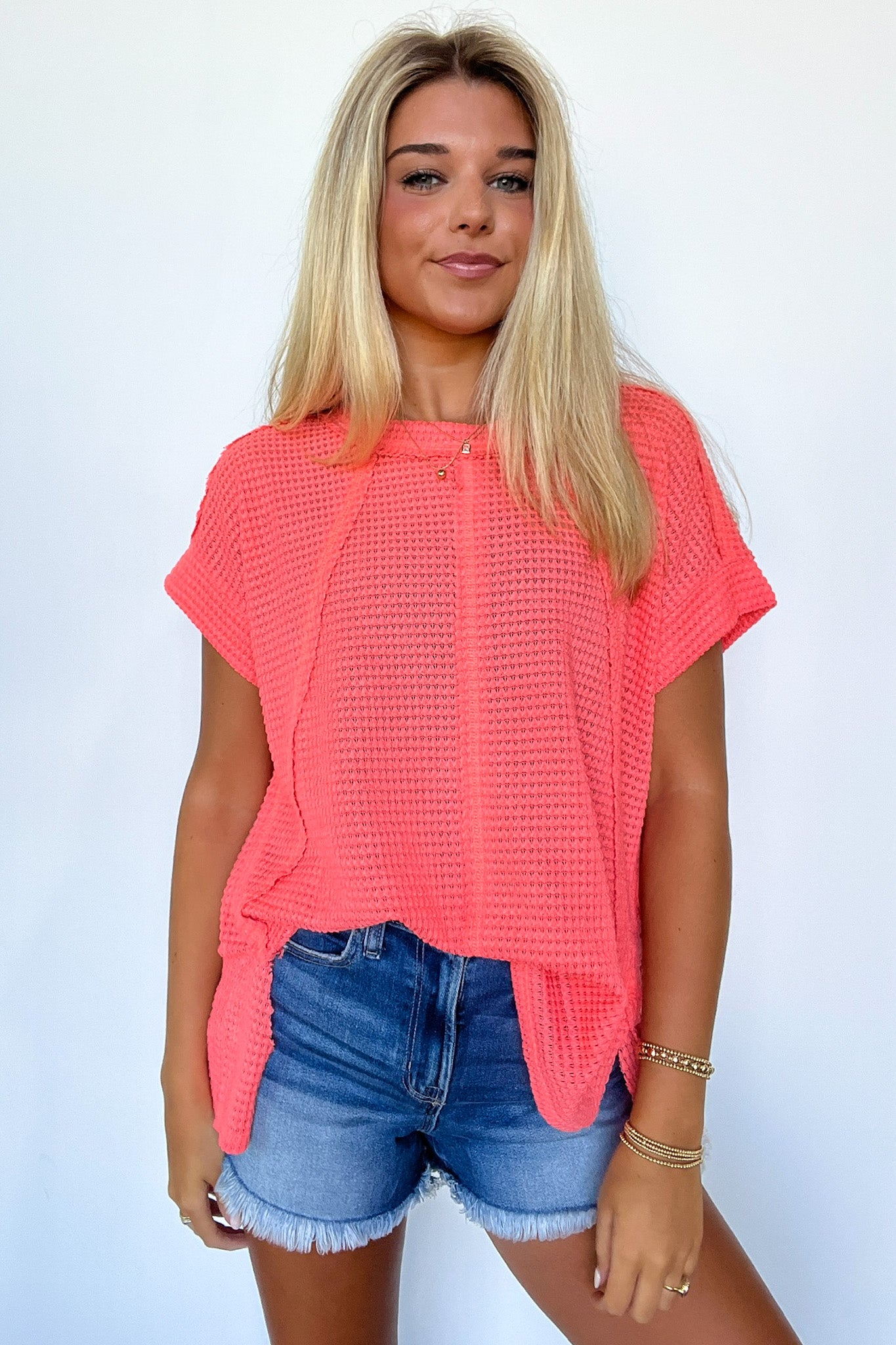 Neon Coral / SM Adele Waffle Knit Exposed Seam Top - BACK IN STOCK - Madison and Mallory