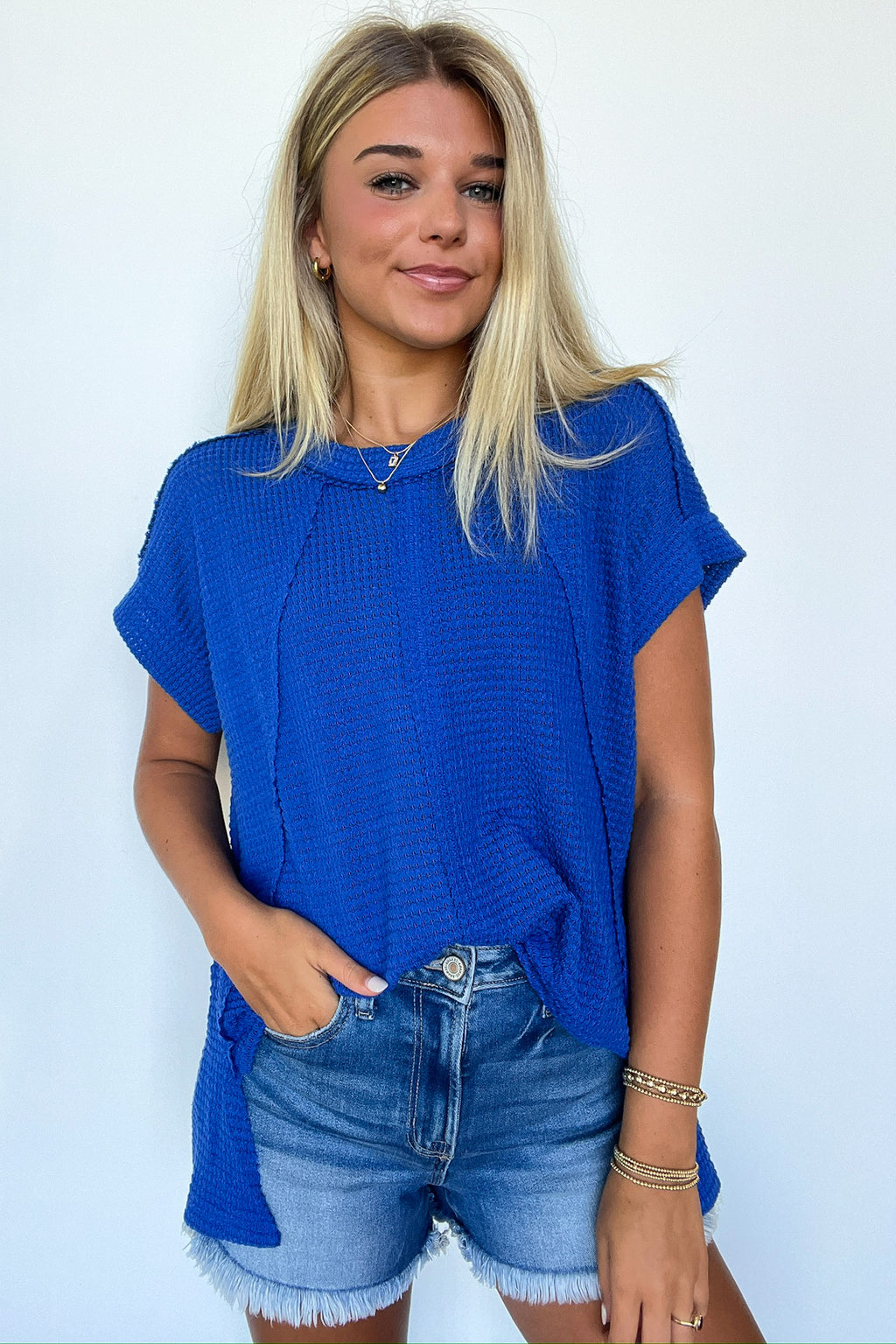Light Navy / SM Adele Waffle Knit Exposed Seam Top - Madison and Mallory