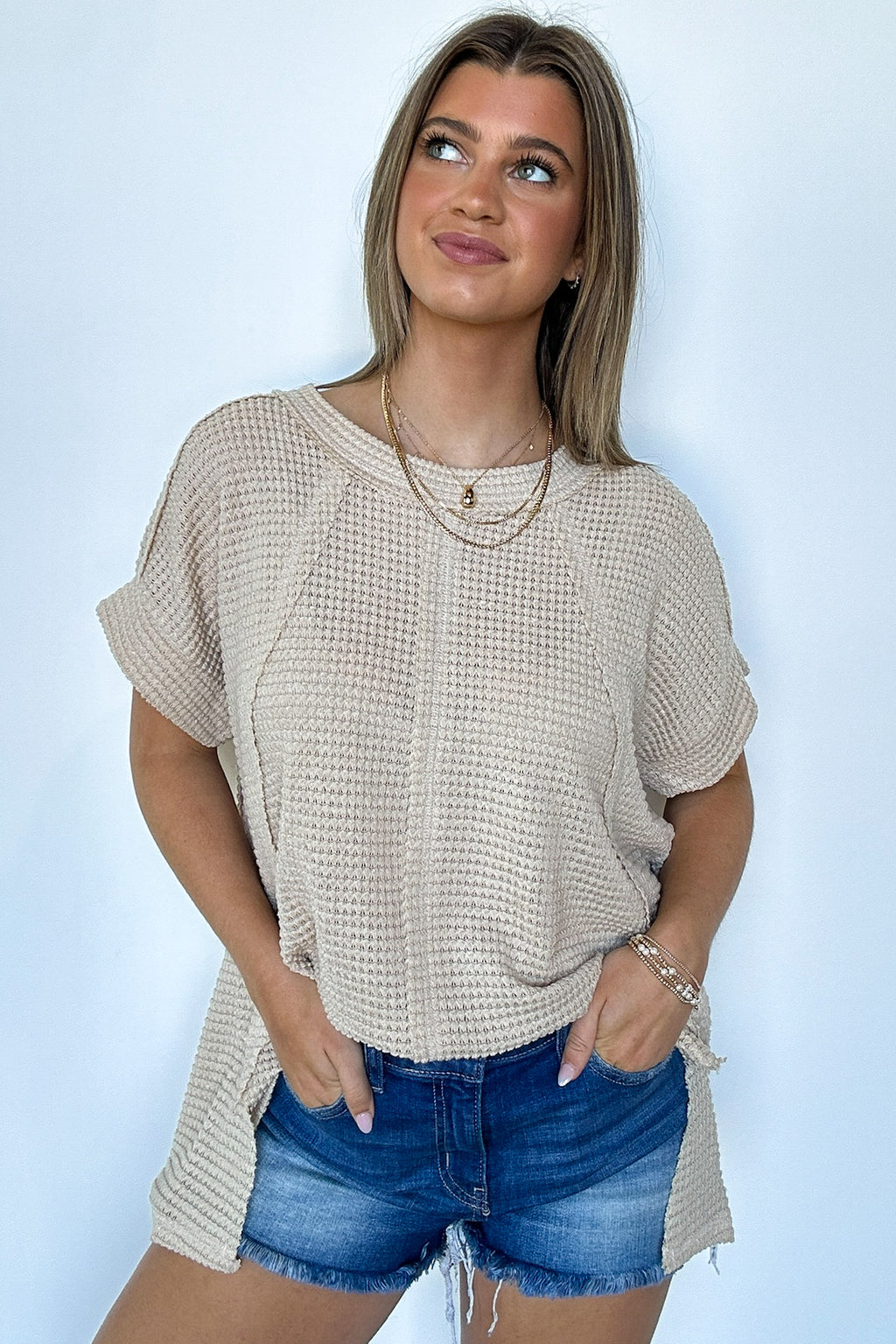 Beige / SM Adele Waffle Knit Exposed Seam Top - Madison and Mallory