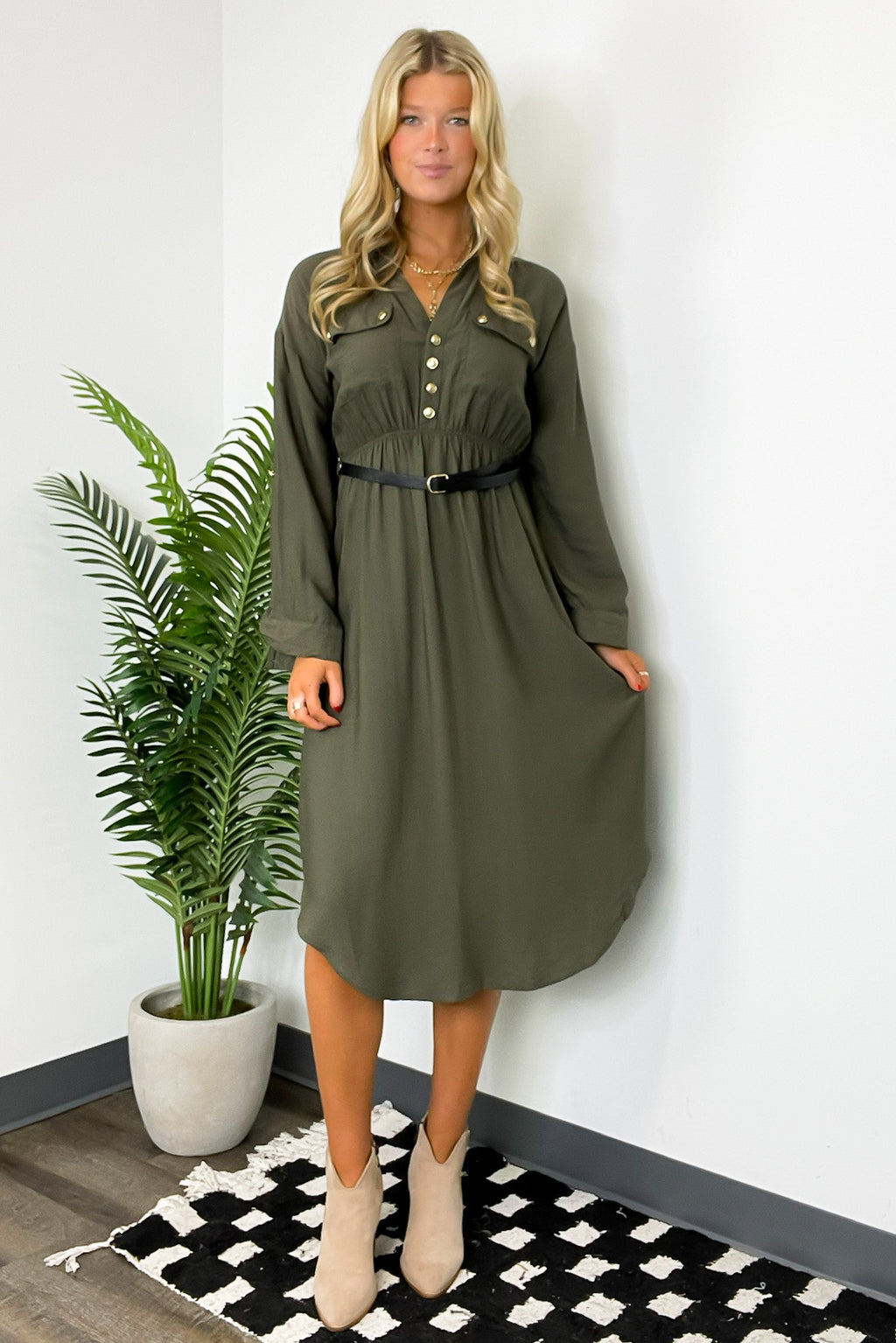 Adeline Button Down Belted Midi Dress - FINAL SALE - Madison and Mallory