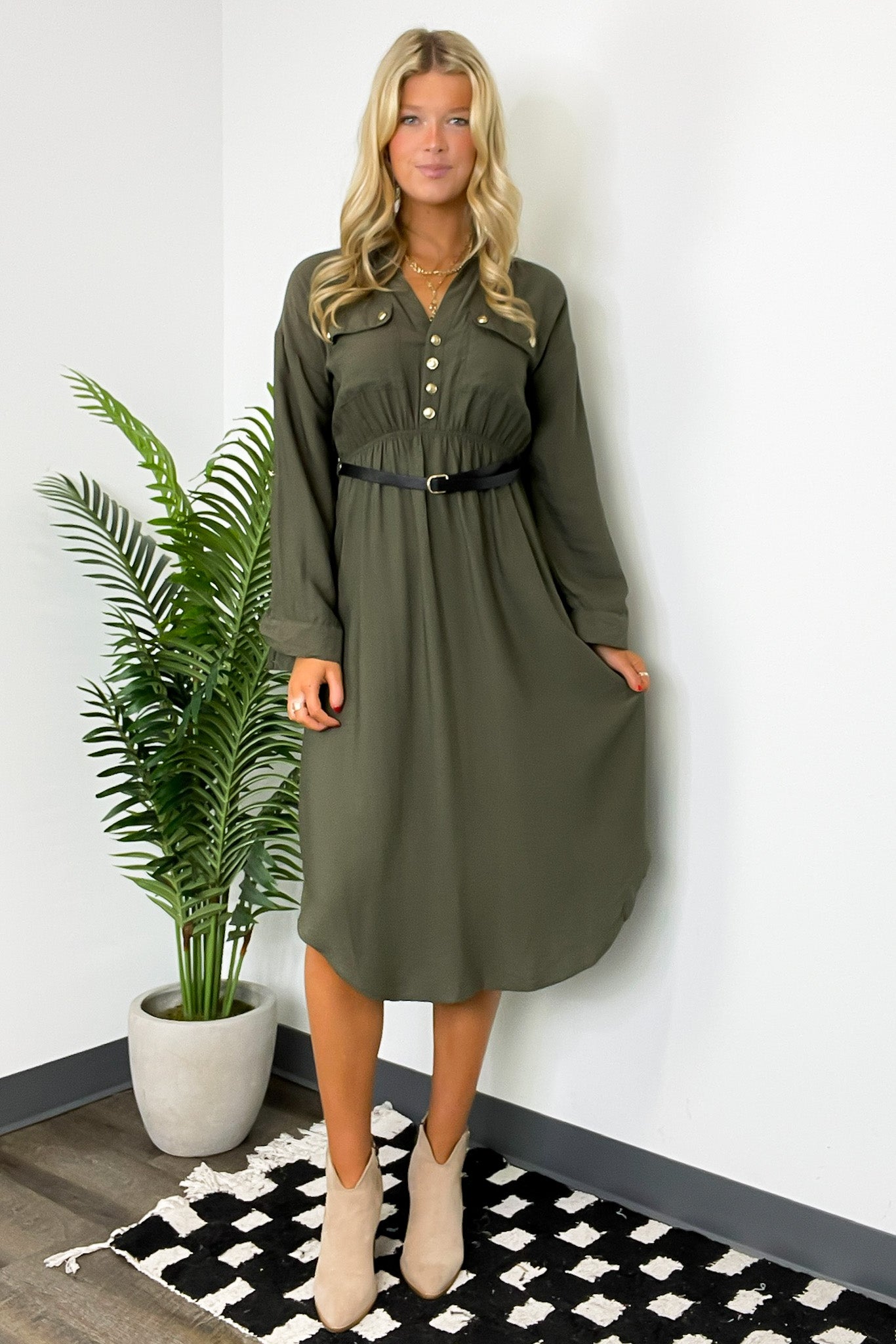  Adeline Button Down Belted Midi Dress - Madison and Mallory