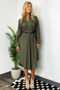 S / Dark Olive Adeline Button Down Belted Midi Dress - FINAL SALE - Madison and Mallory