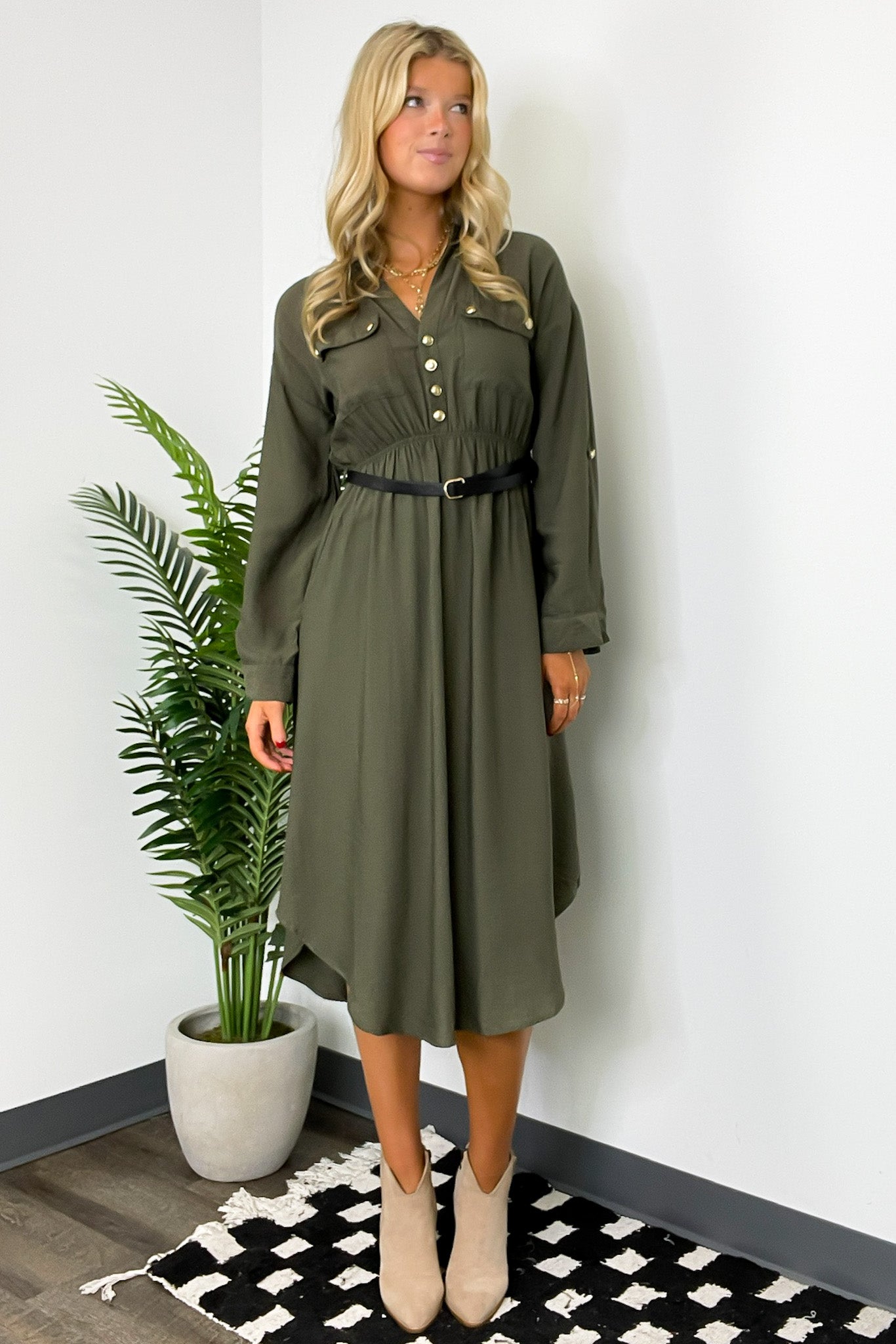 S / Dark Olive Adeline Button Down Belted Midi Dress - Madison and Mallory