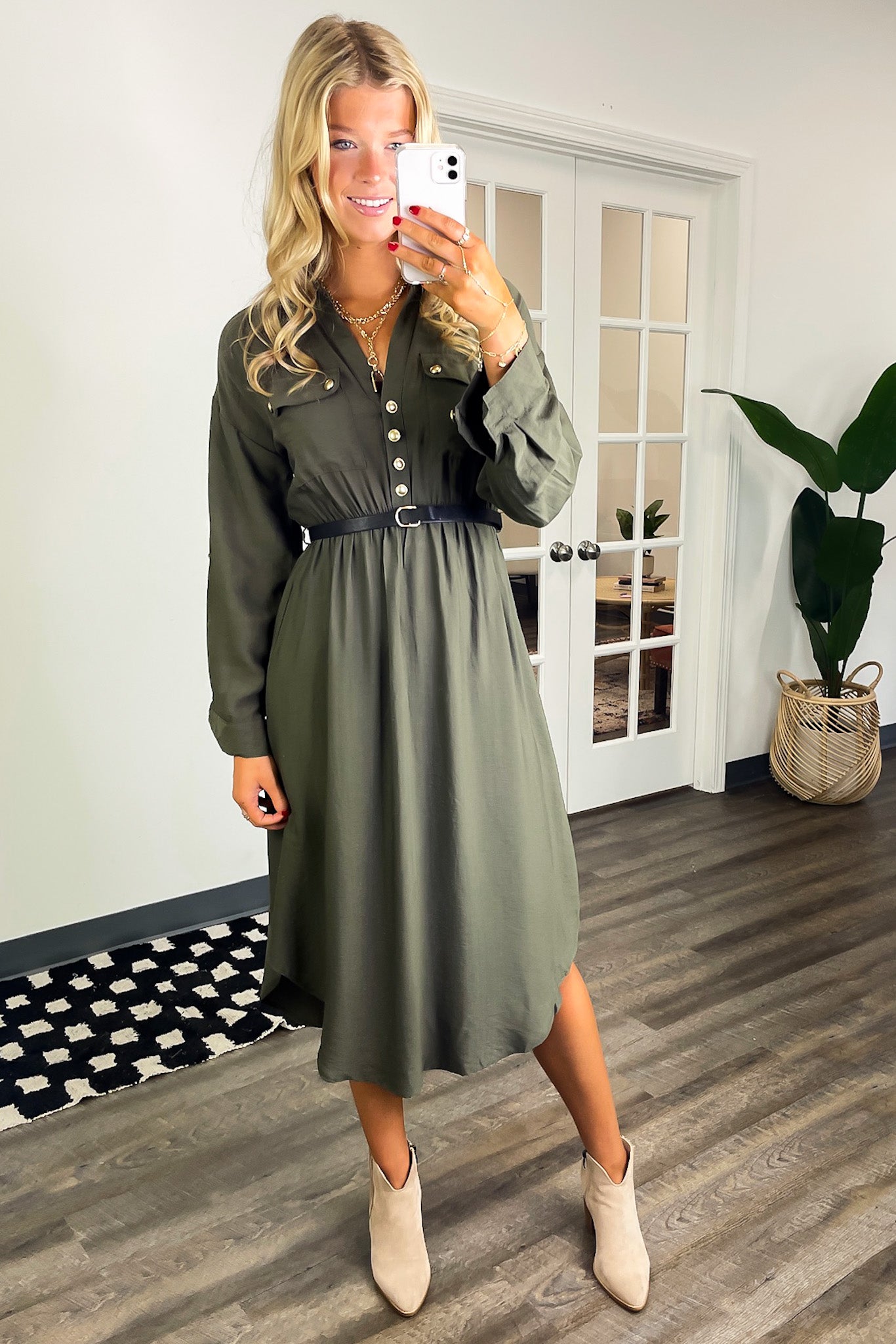  Adeline Button Down Belted Midi Dress - Madison and Mallory