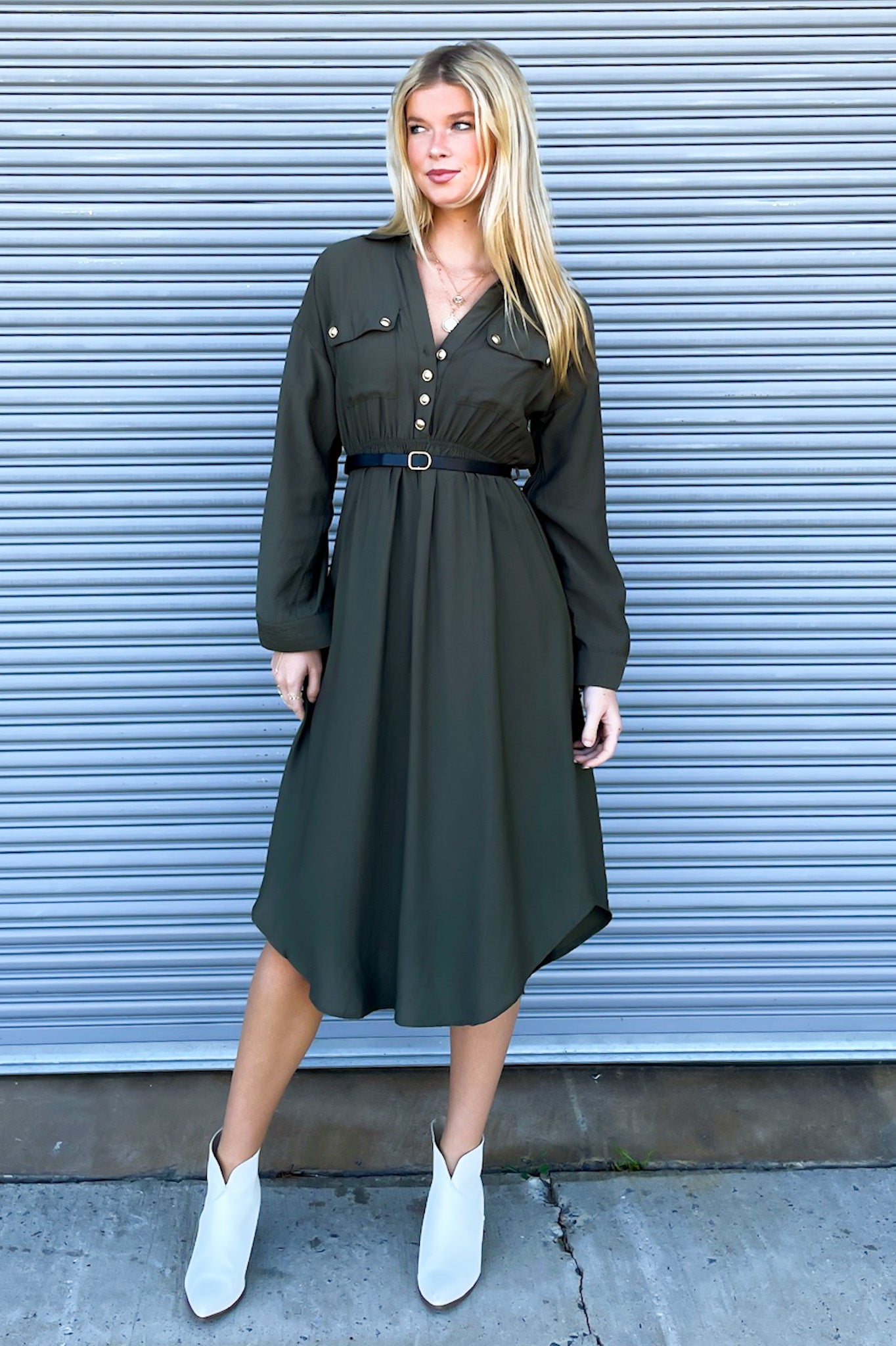  Adeline Button Down Belted Midi Dress - Madison and Mallory