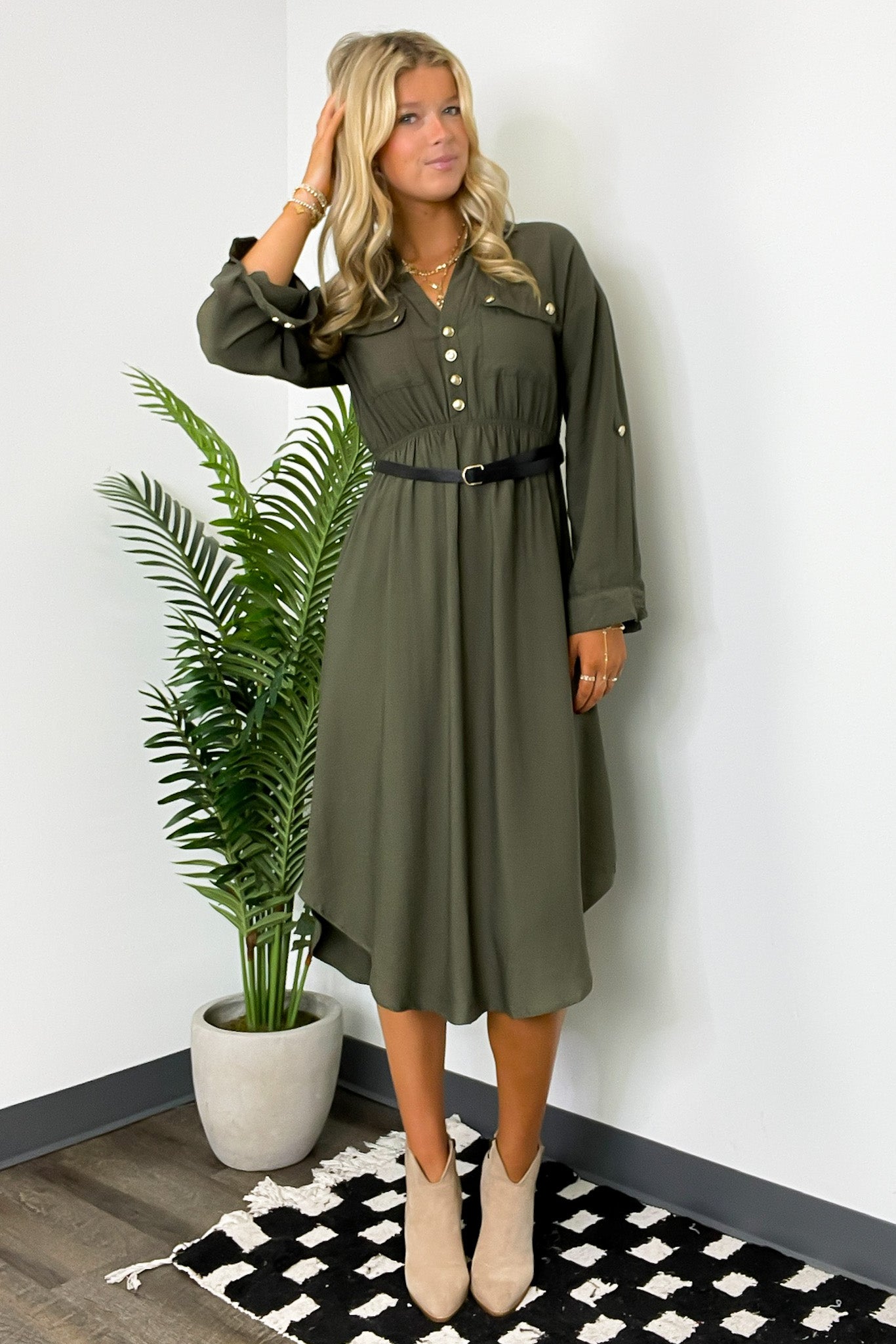  Adeline Button Down Belted Midi Dress - Madison and Mallory