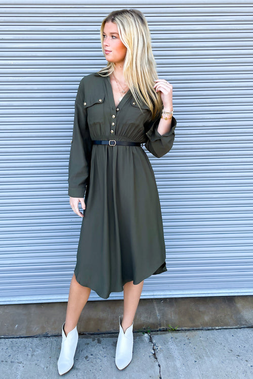 Adeline Button Down Belted Midi Dress - FINAL SALE - Madison and Mallory