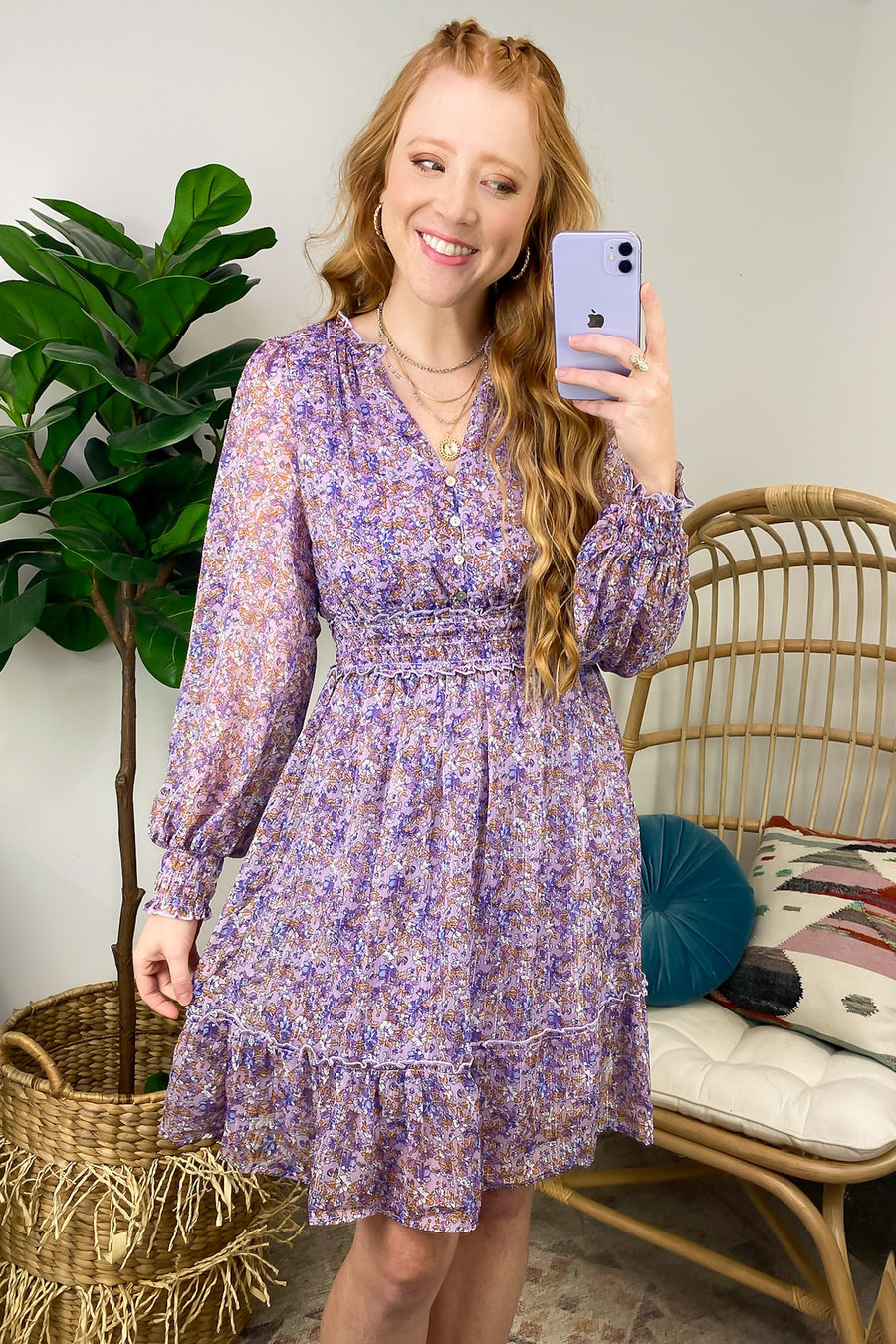 Lilac / S Adisse Floral Smocked Button Dress - FINAL SALE - Madison and Mallory