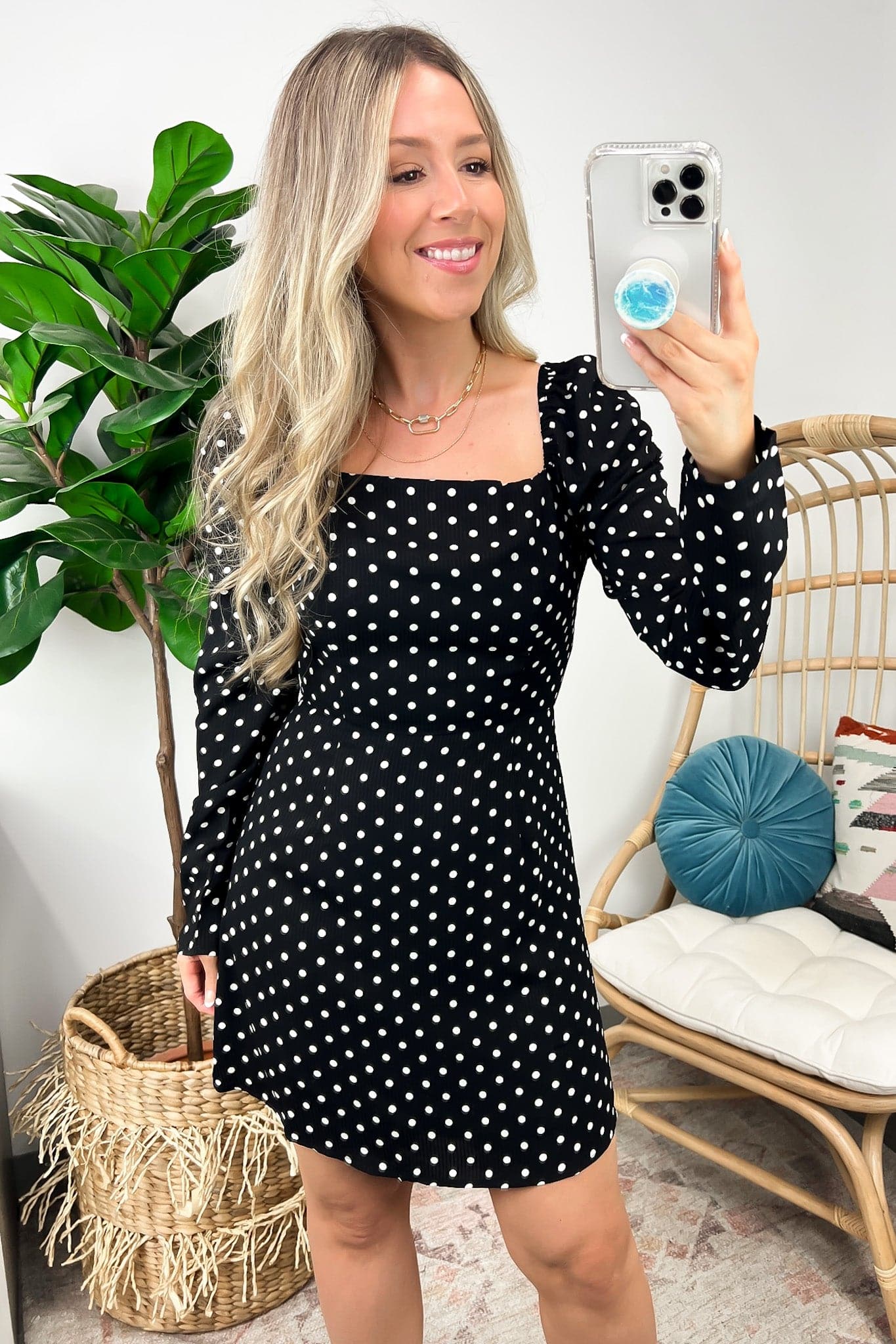  Adorable Ideal Ruched Puff Sleeve Polka Dot Dress - Madison and Mallory