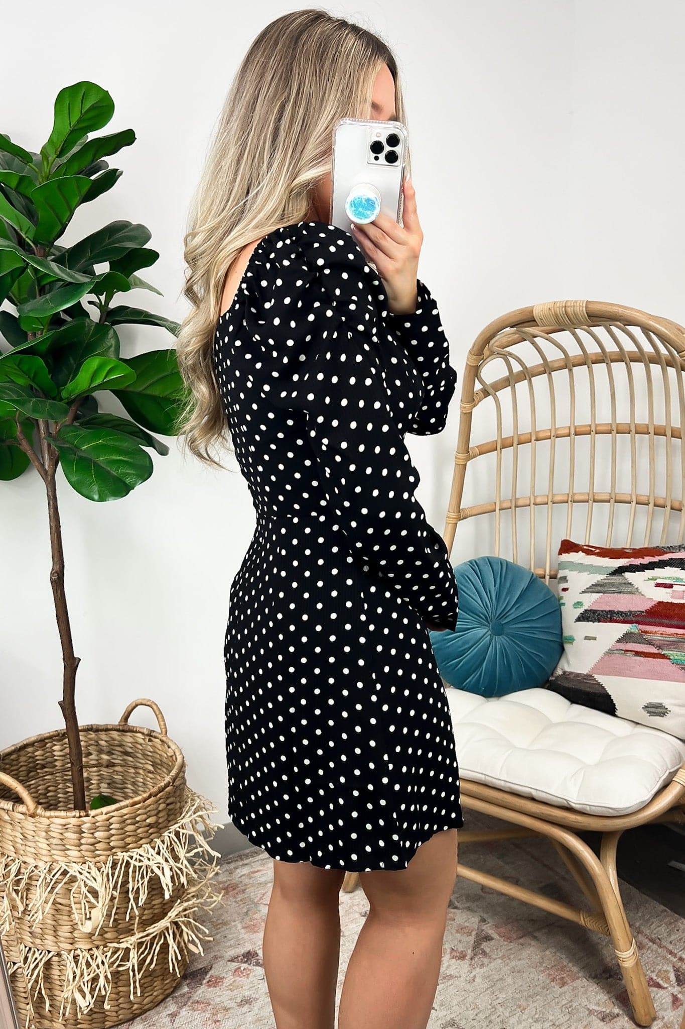  Adorable Ideal Ruched Puff Sleeve Polka Dot Dress - Madison and Mallory