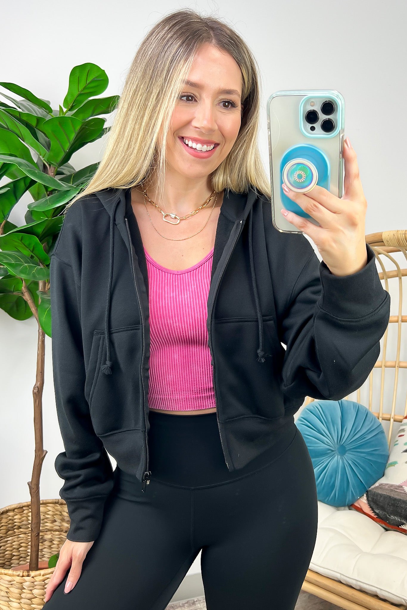 Black / S Adrinah Fleece Cropped Hoodie - FINAL SALE - Madison and Mallory