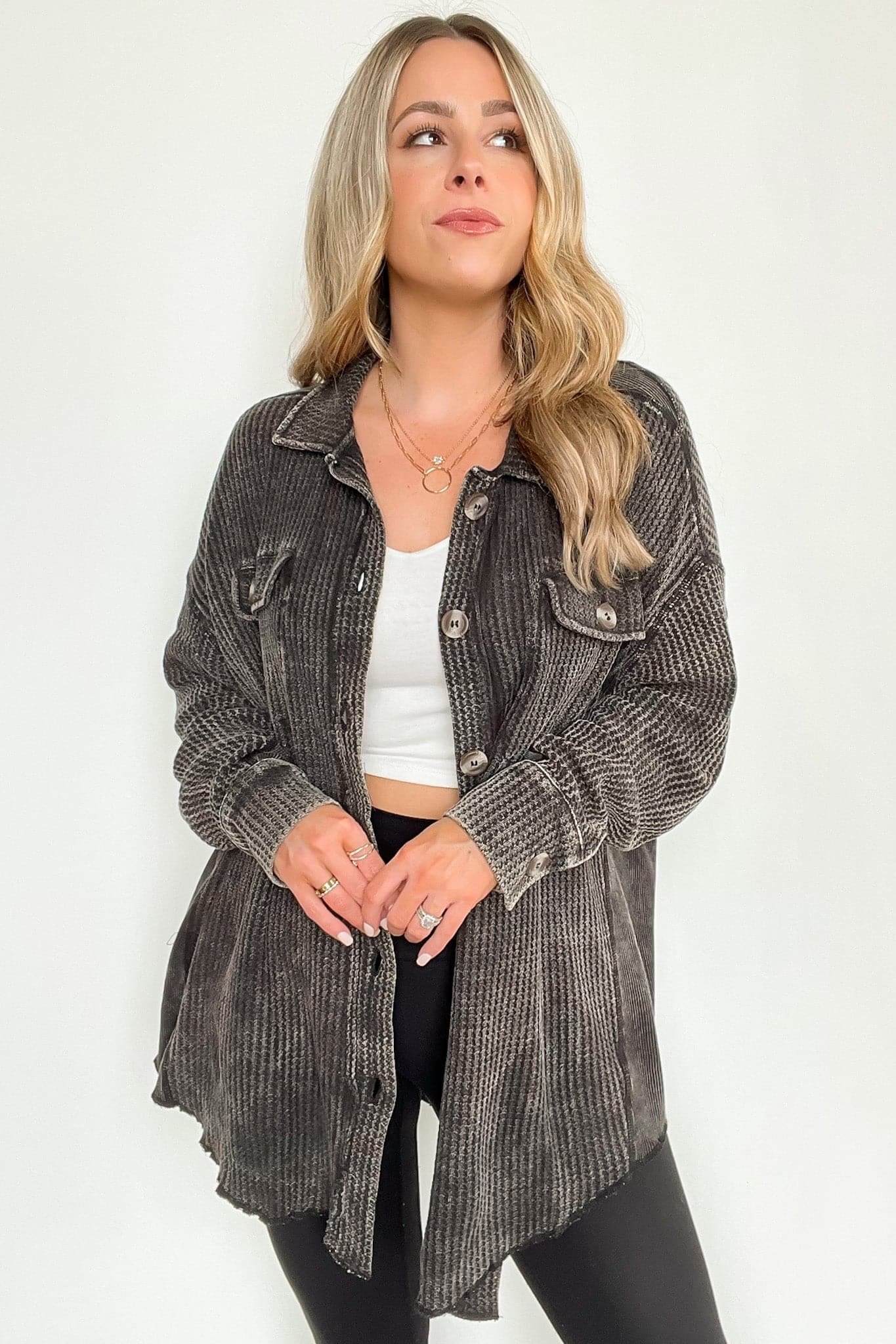  Adwin Acid Wash Button Down Waffle Knit Shacket - BACK IN STOCK now - Madison and Mallory