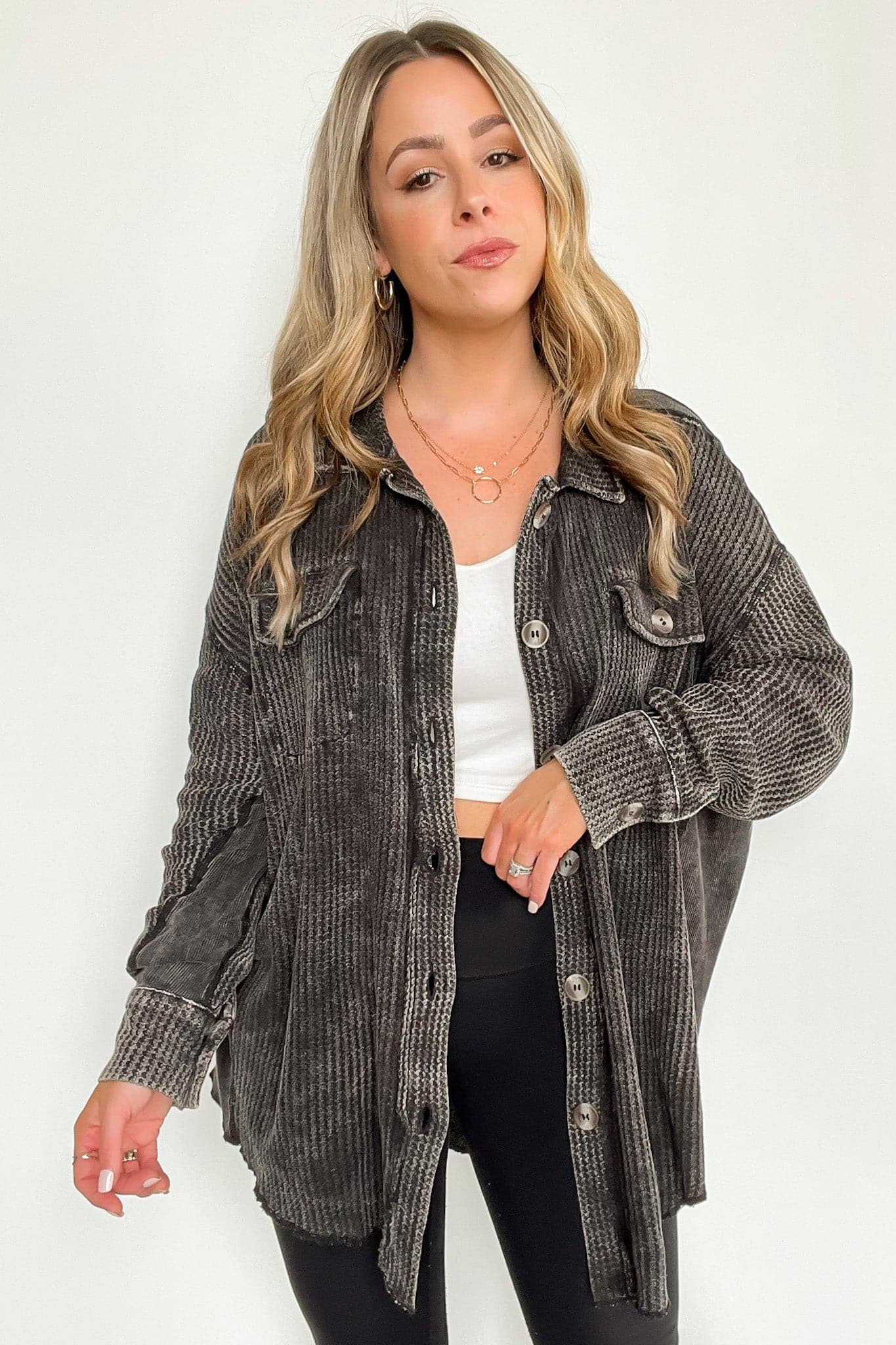 Ash Black / SM Adwin Acid Wash Button Down Waffle Knit Shacket - BACK IN STOCK now - Madison and Mallory