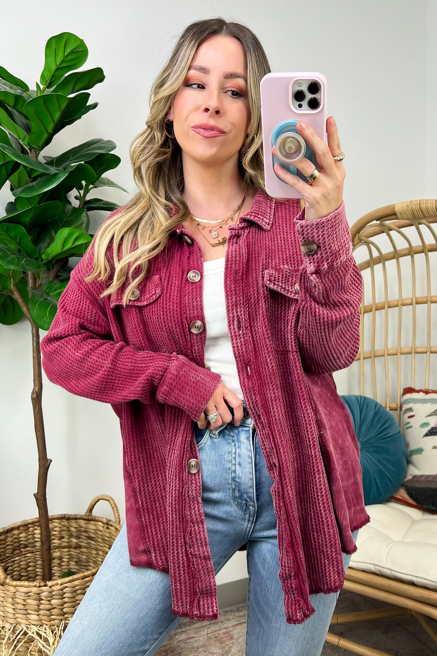 Cabernet / SM Adwin Acid Wash Button Down Waffle Knit Shacket - BACK IN STOCK - Madison and Mallory