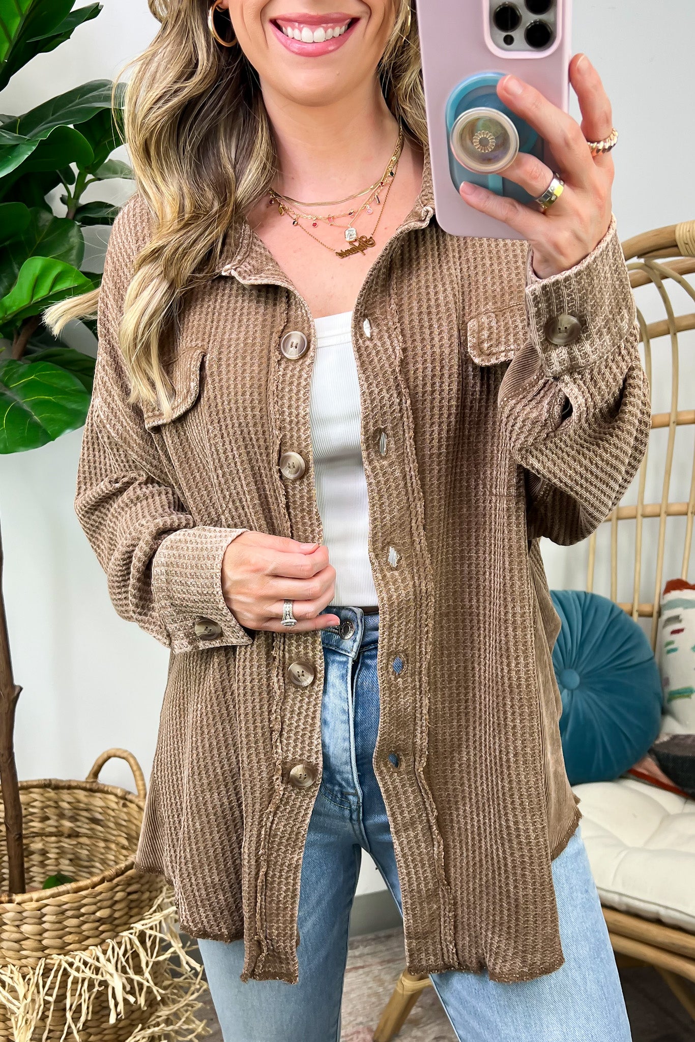  Adwin Acid Wash Button Down Waffle Knit Shacket - BACK IN STOCK now - Madison and Mallory