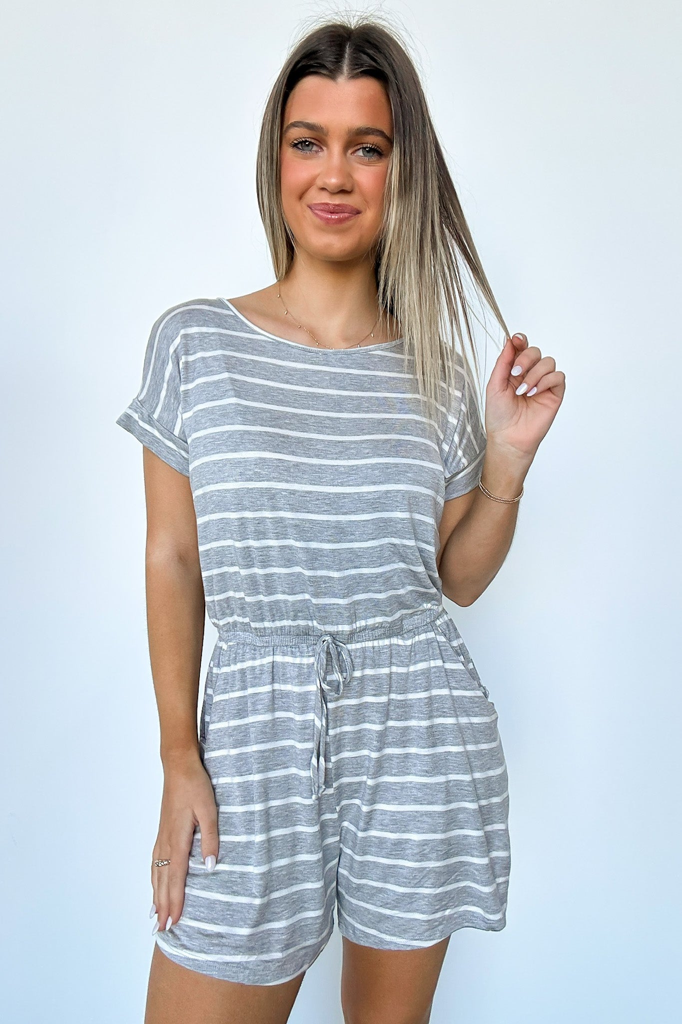 S / Heather Gray Ivory Adyn Striped Drawstring Waist Romper - Madison and Mallory