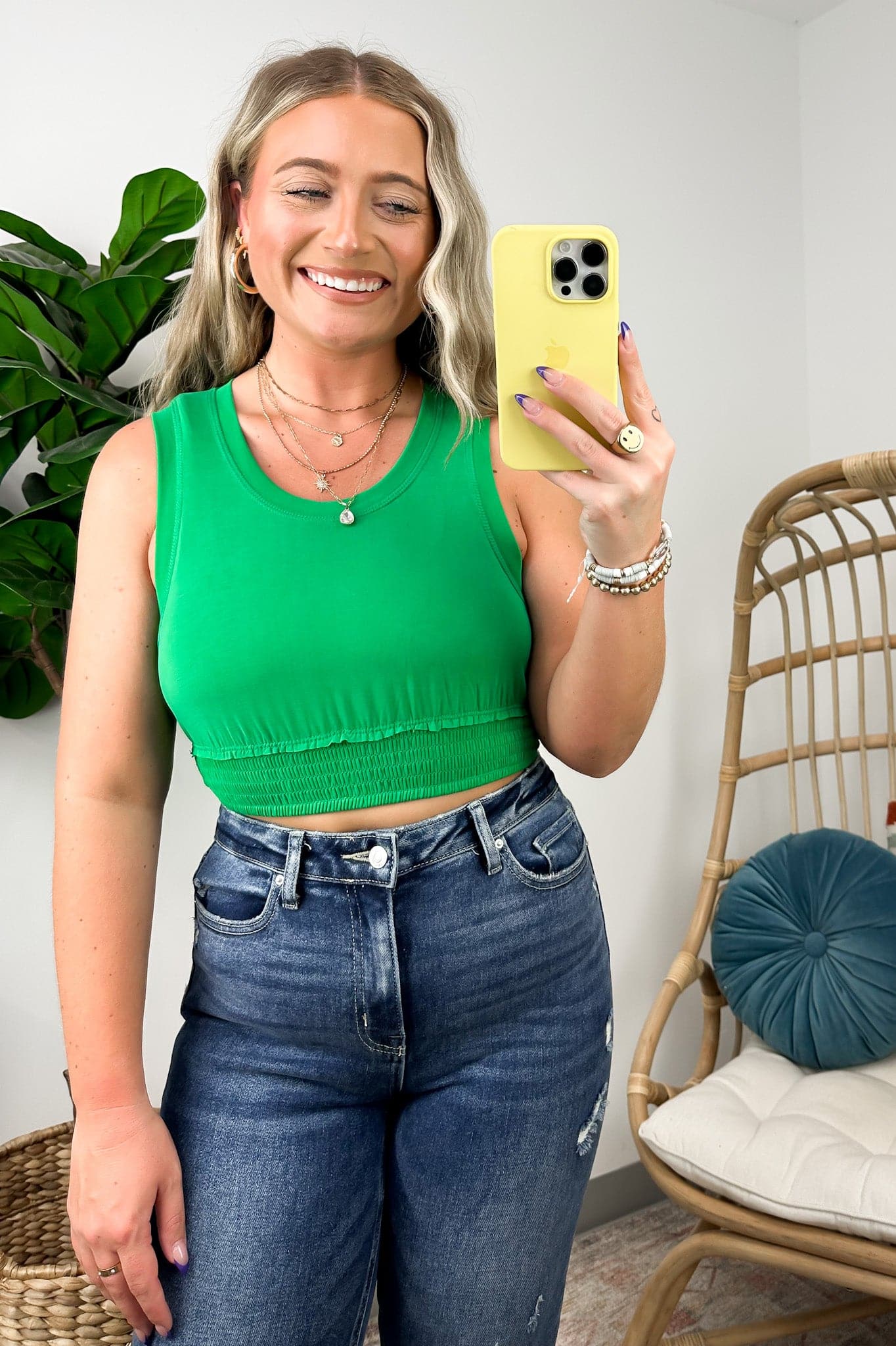 Kelly Green / S Aedion Smocked Hem Cropped Tank Top - FINAL SALE - Madison and Mallory