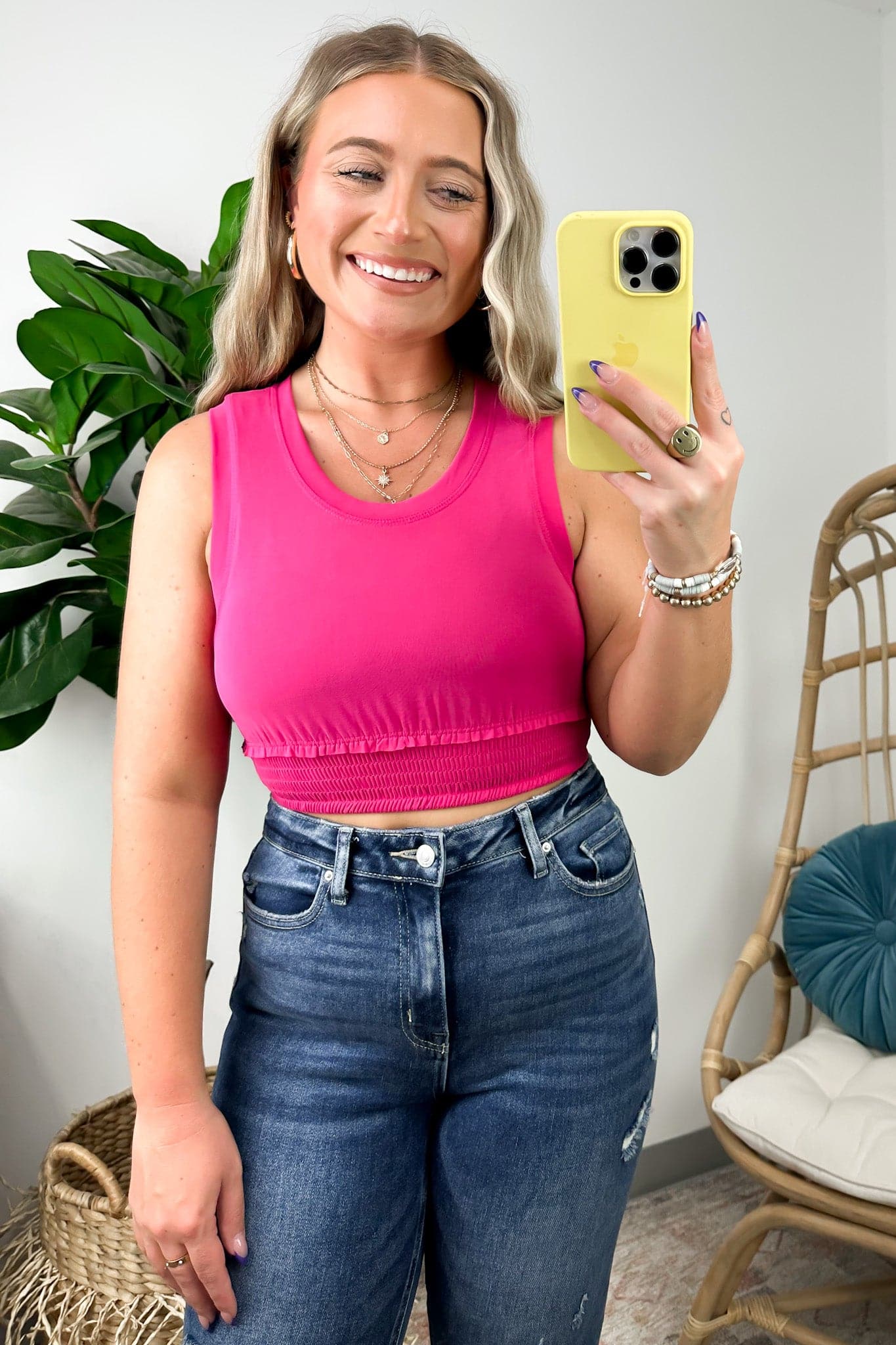 Magenta / S Aedion Smocked Hem Cropped Tank Top - FINAL SALE - Madison and Mallory