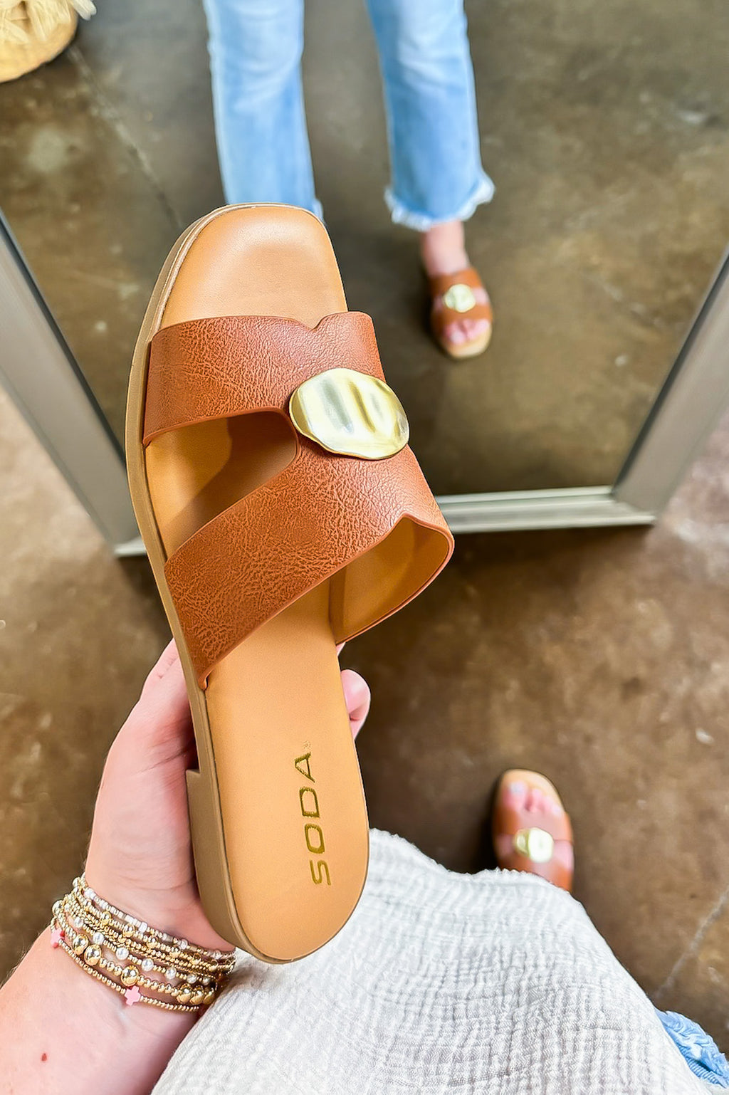 Cognac / 5.5 Aelin Coin Cutout Sandal - FINAL SALE - Madison and Mallory