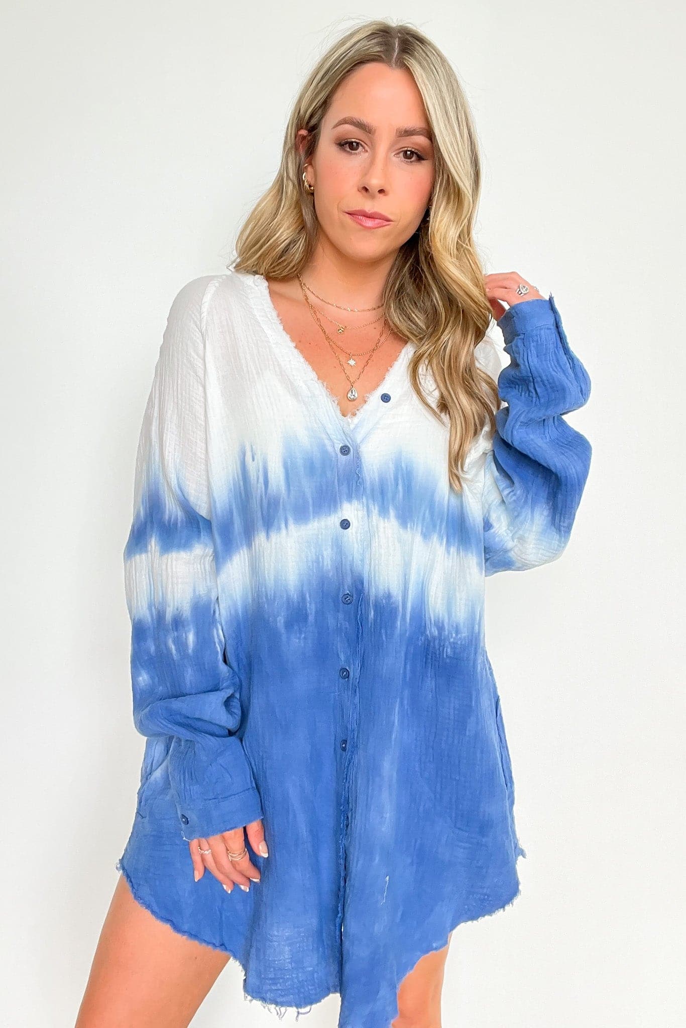 Blue / S Aelin Tie Dye Button Down Top - FINAL SALE - Madison and Mallory