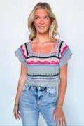 Gray/Multi / S Aesthetic Ease Striped Crochet Knit Top - BACK IN STOCK - Madison and Mallory