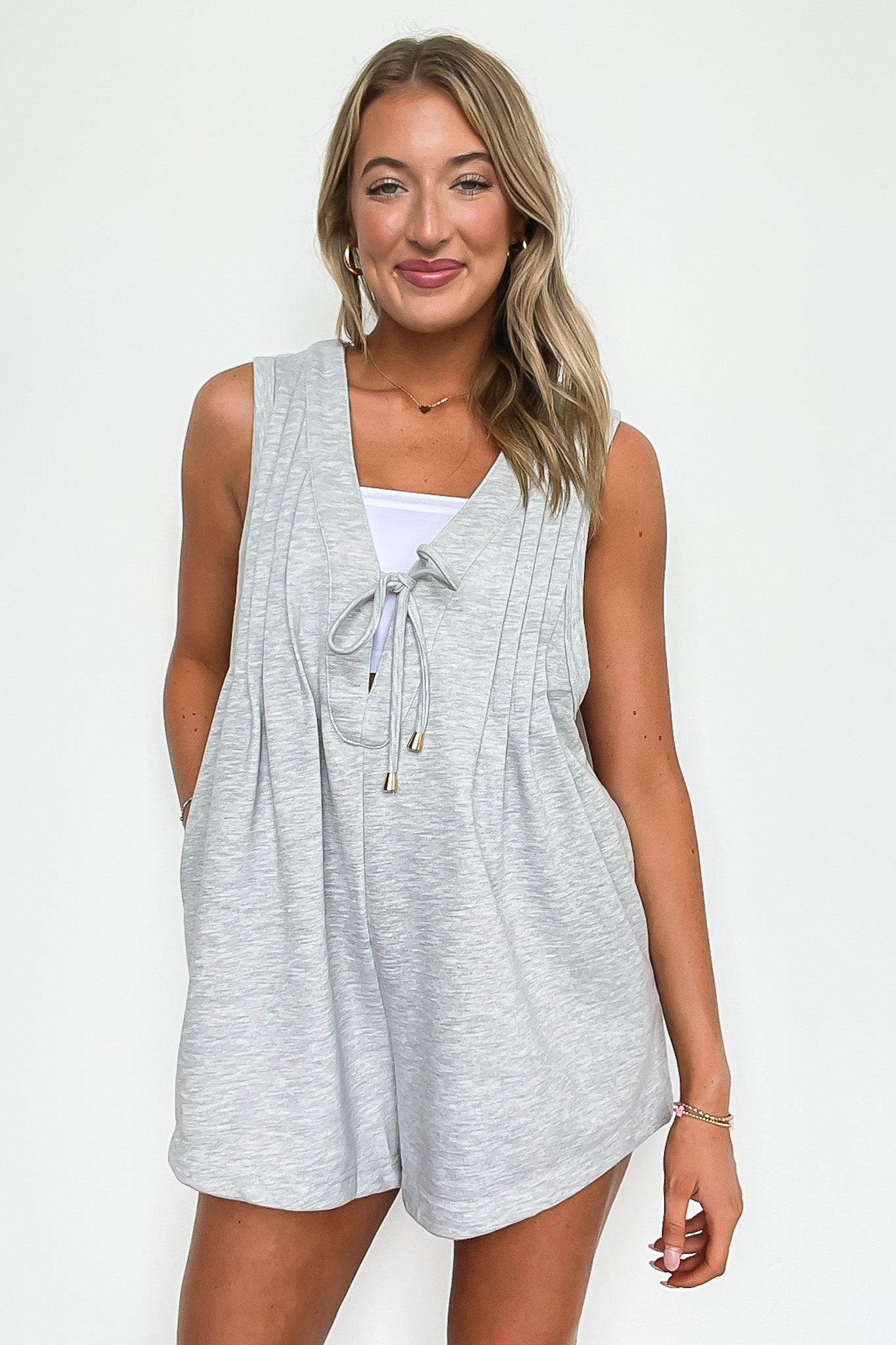 Heather Gray / S Aila Knit Sleeveless Pintuck Detail Romper - FINAL SALE - Madison and Mallory