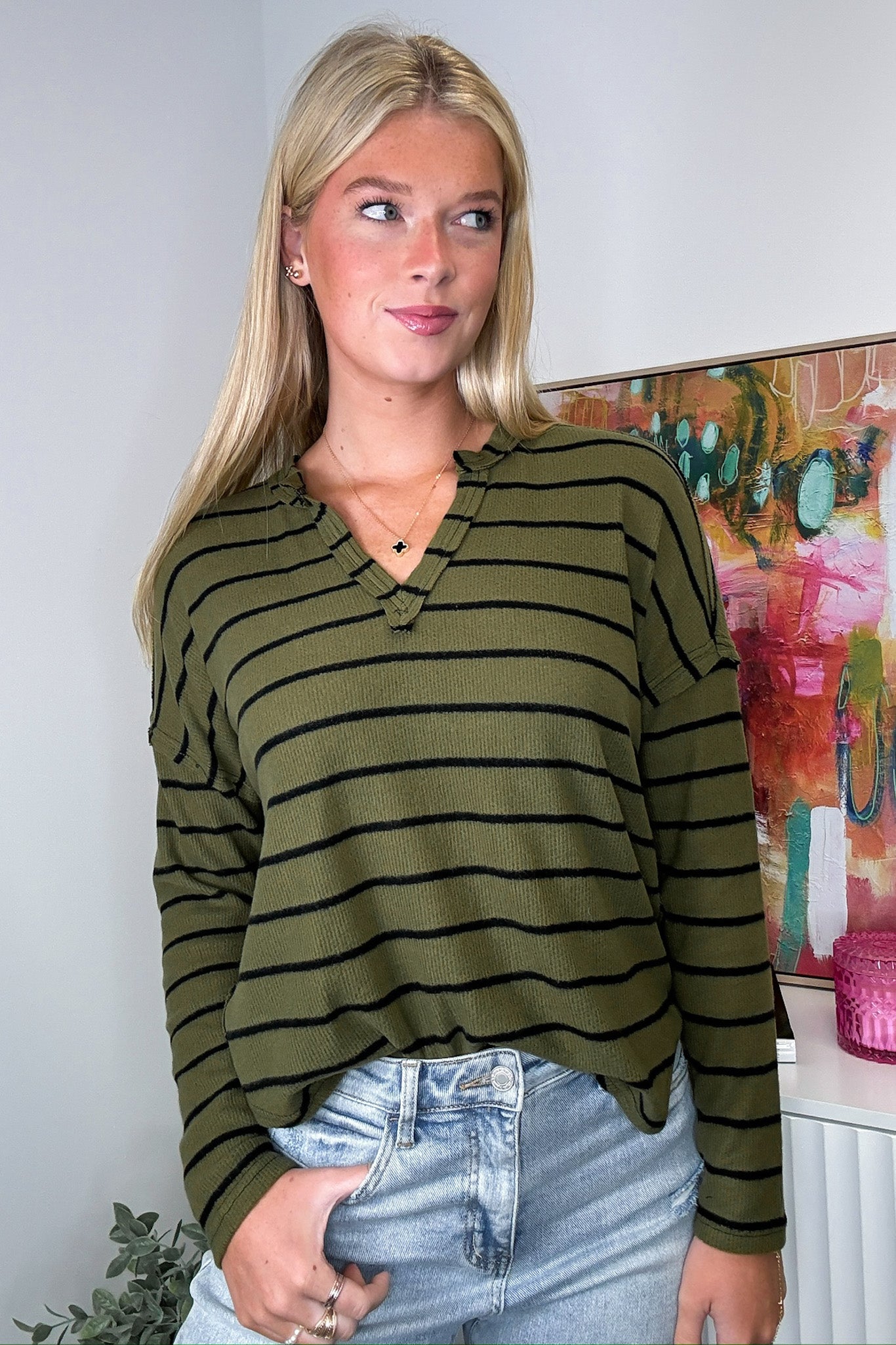 Olive / S Ainslee Striped V-Neck Knit Top - Madison and Mallory