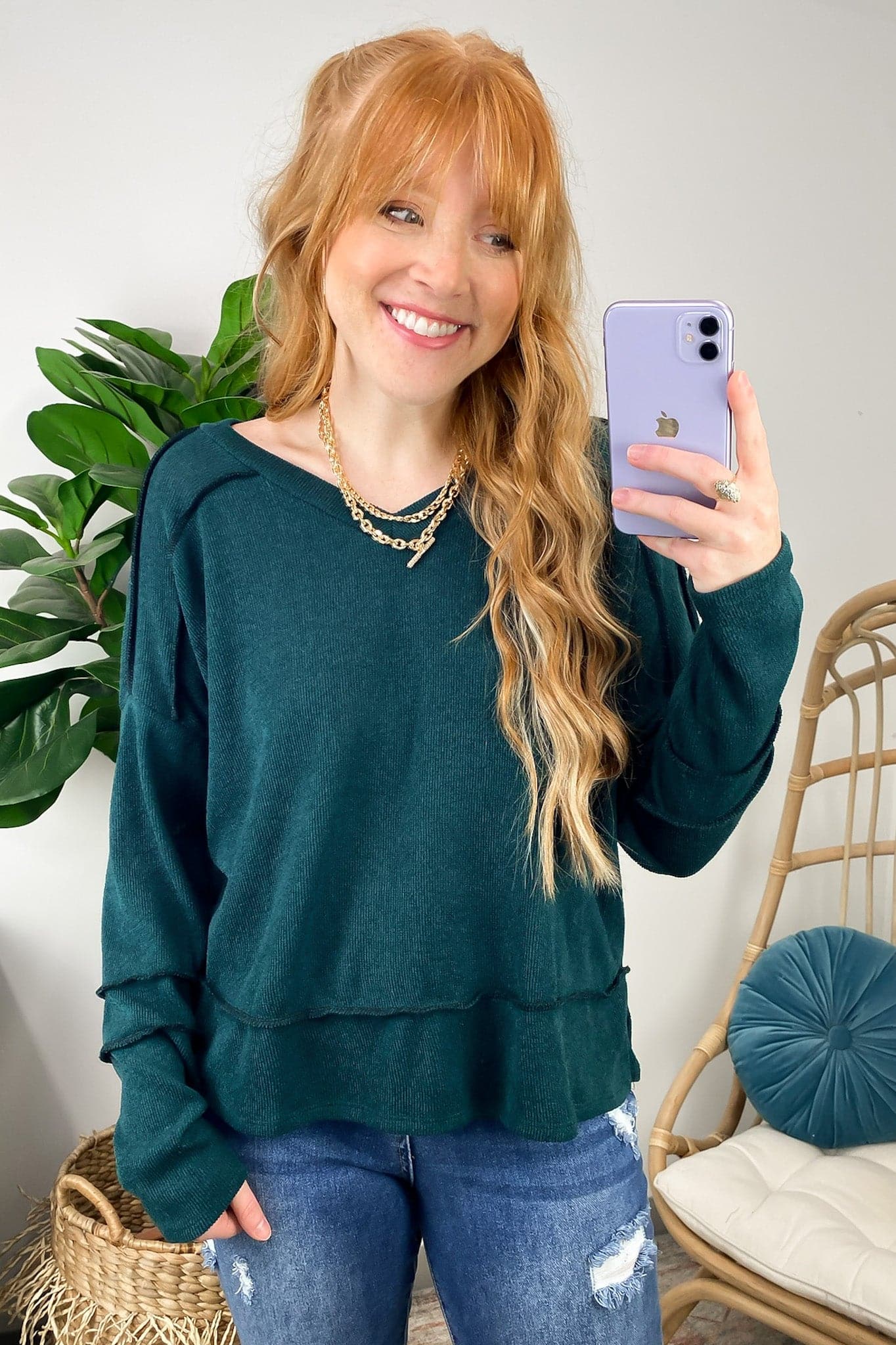 Hunter Green / S Akiria Long Sleeve Reveresed Coverstitch Top - FINAL SALE - Madison and Mallory