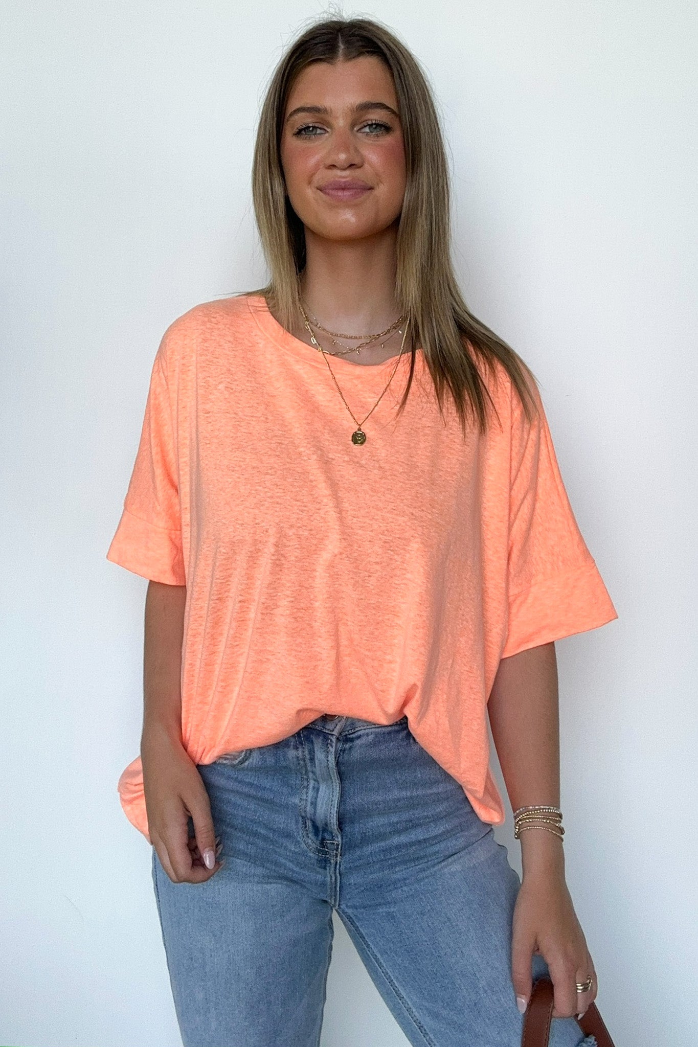 Neon Coral / S Alani Drop Shoulder Banded Hem Top - Madison and Mallory