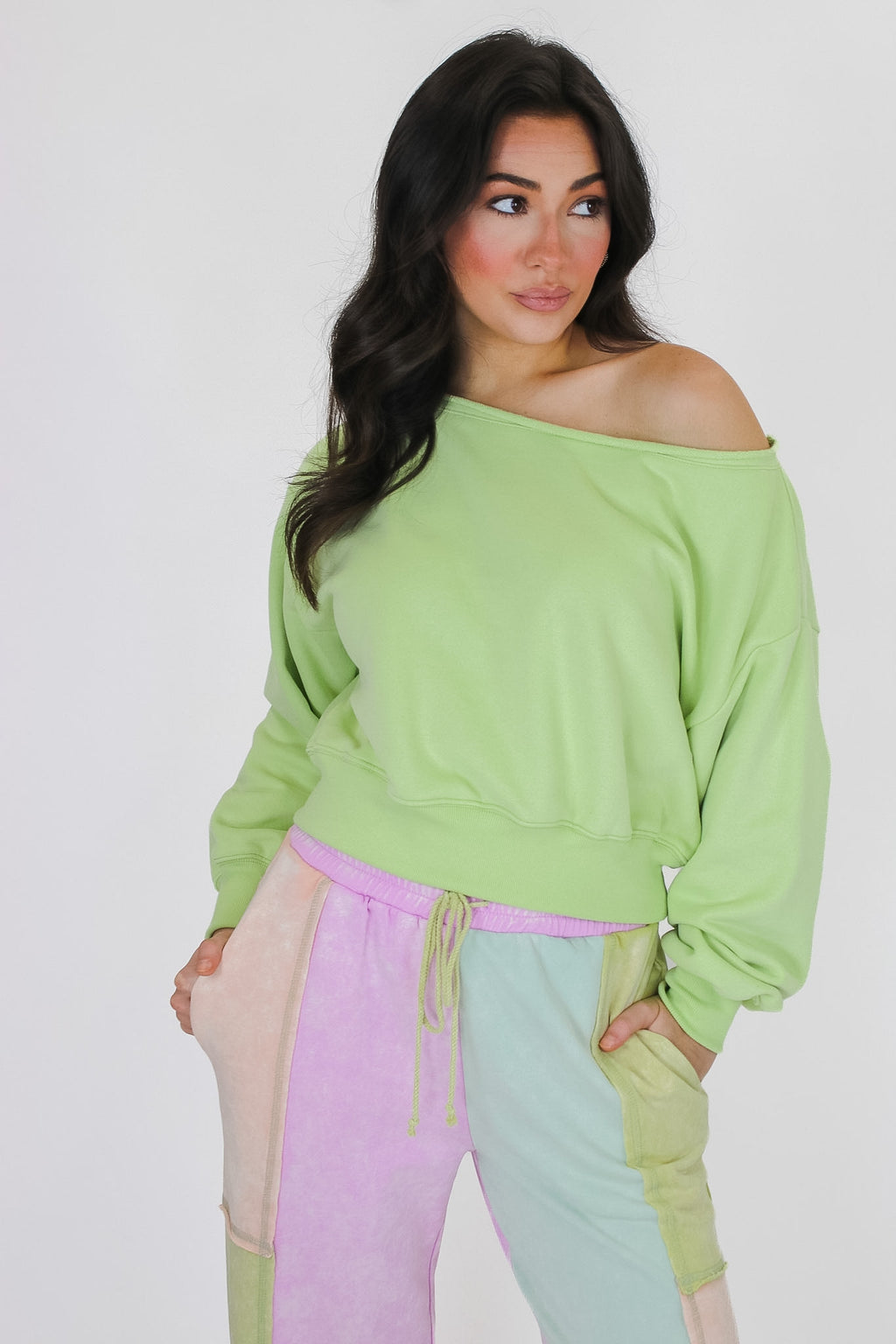 Lime / S Alina Off Shoulder Sweatshirt - Madison and Mallory