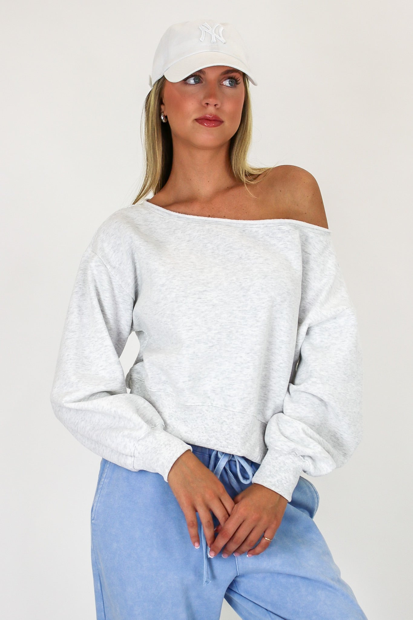 White Melange / S Alina Off Shoulder Sweatshirt - Madison and Mallory
