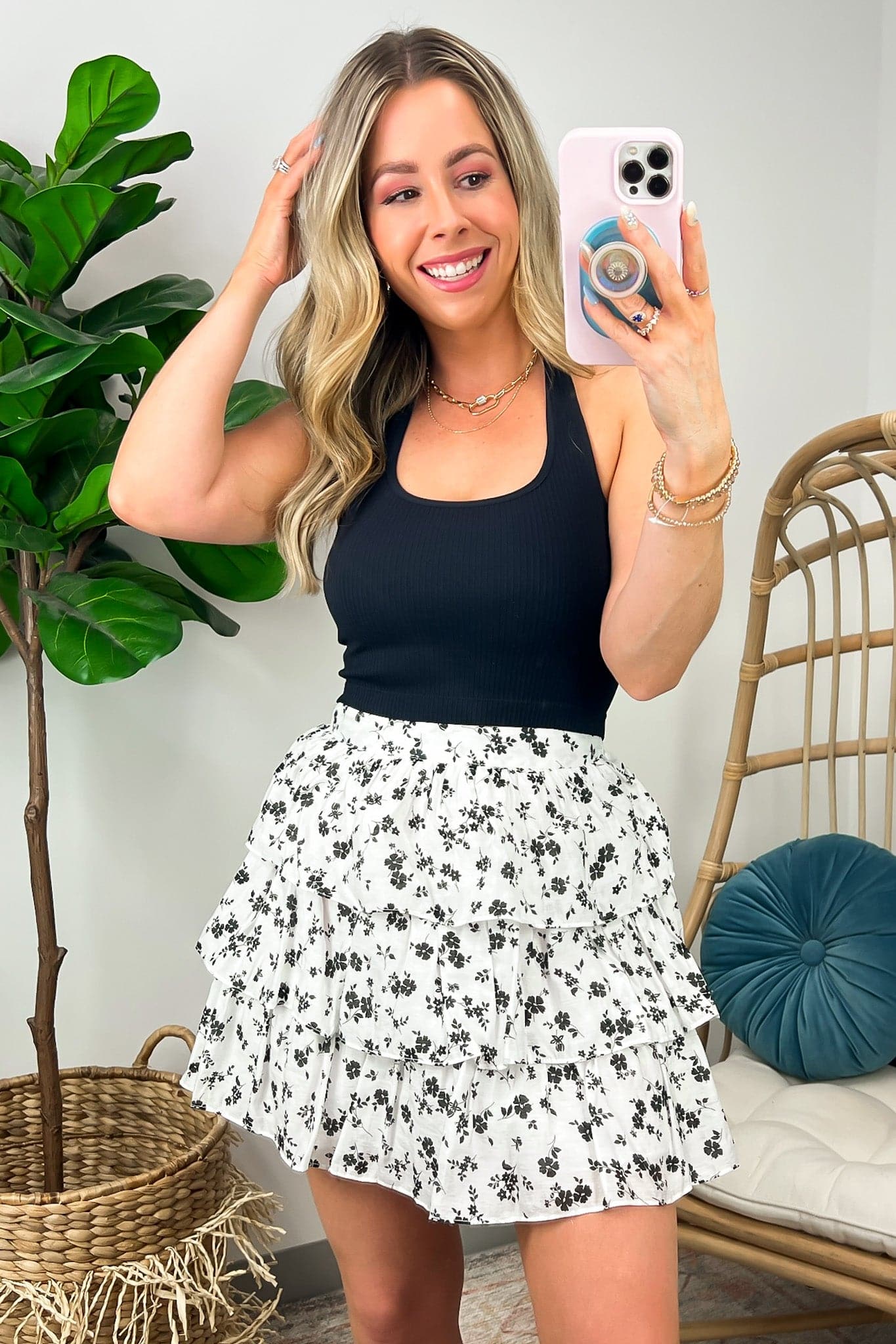 Off White/Black / S Aliyah Floral Tiered Skirt - Madison and Mallory