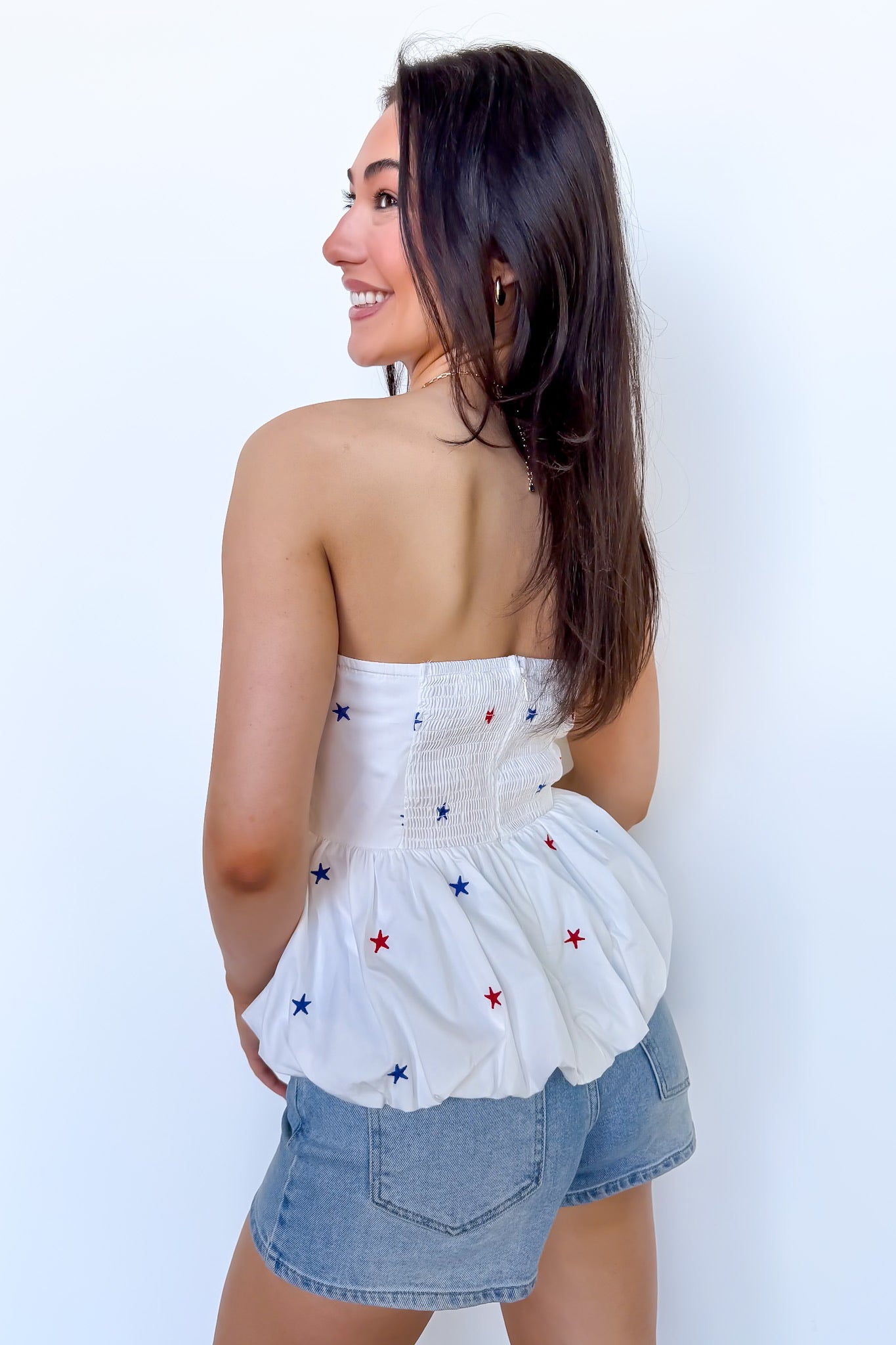 All-American Star Embroidered Bubble Peplum Top