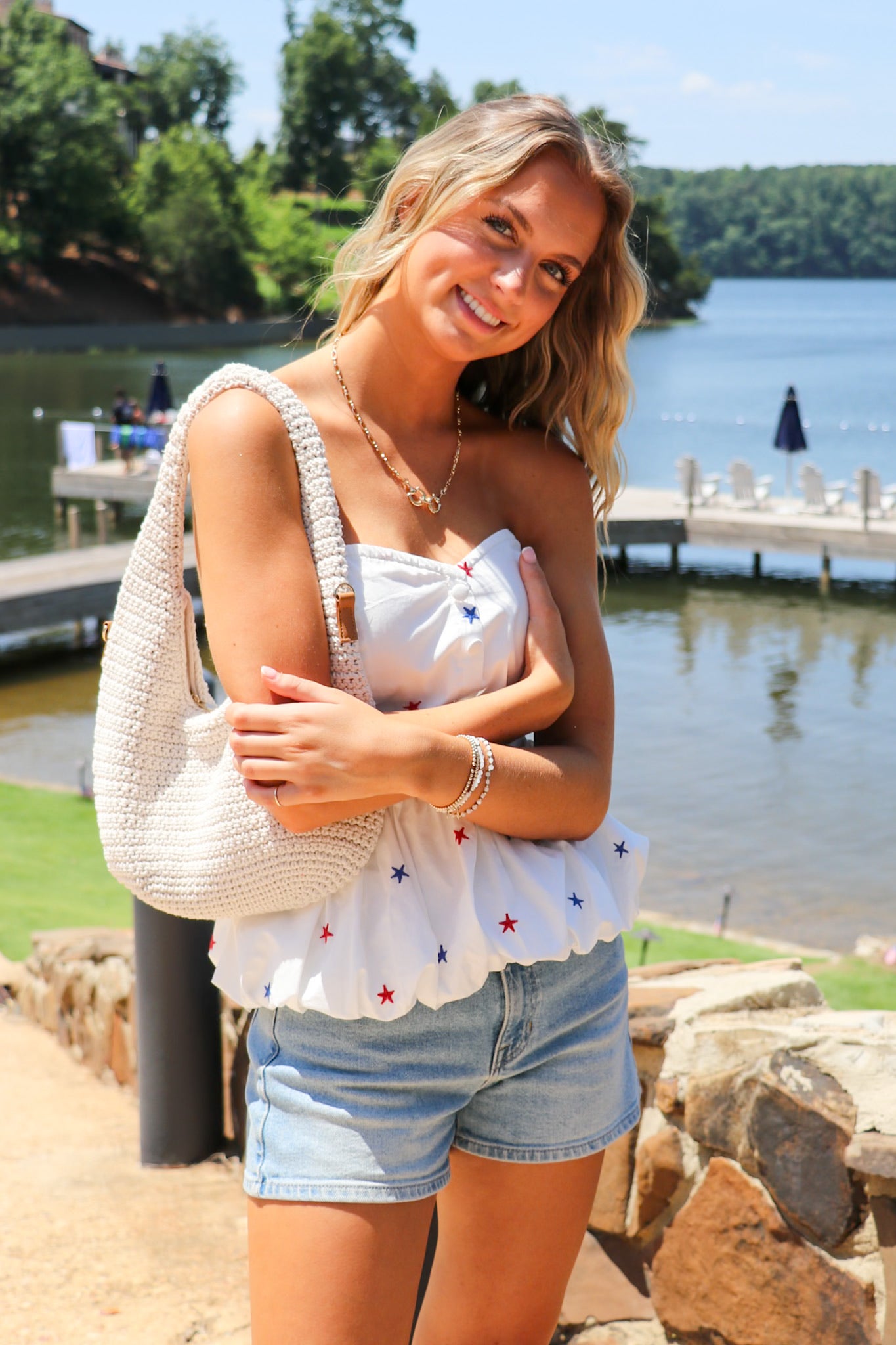 All-American Star Embroidered Bubble Peplum Top