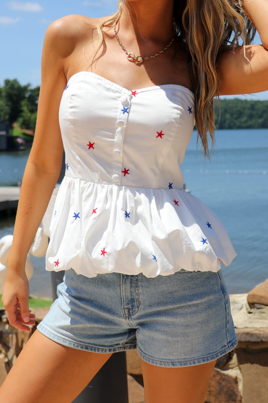All-American Star Embroidered Bubble Peplum Top