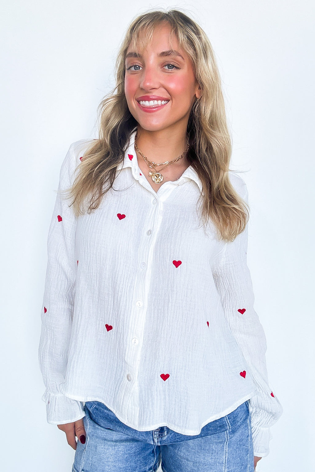 All You Need is Love Heart Embroidered Button Down - FINAL SALE - Madison and Mallory