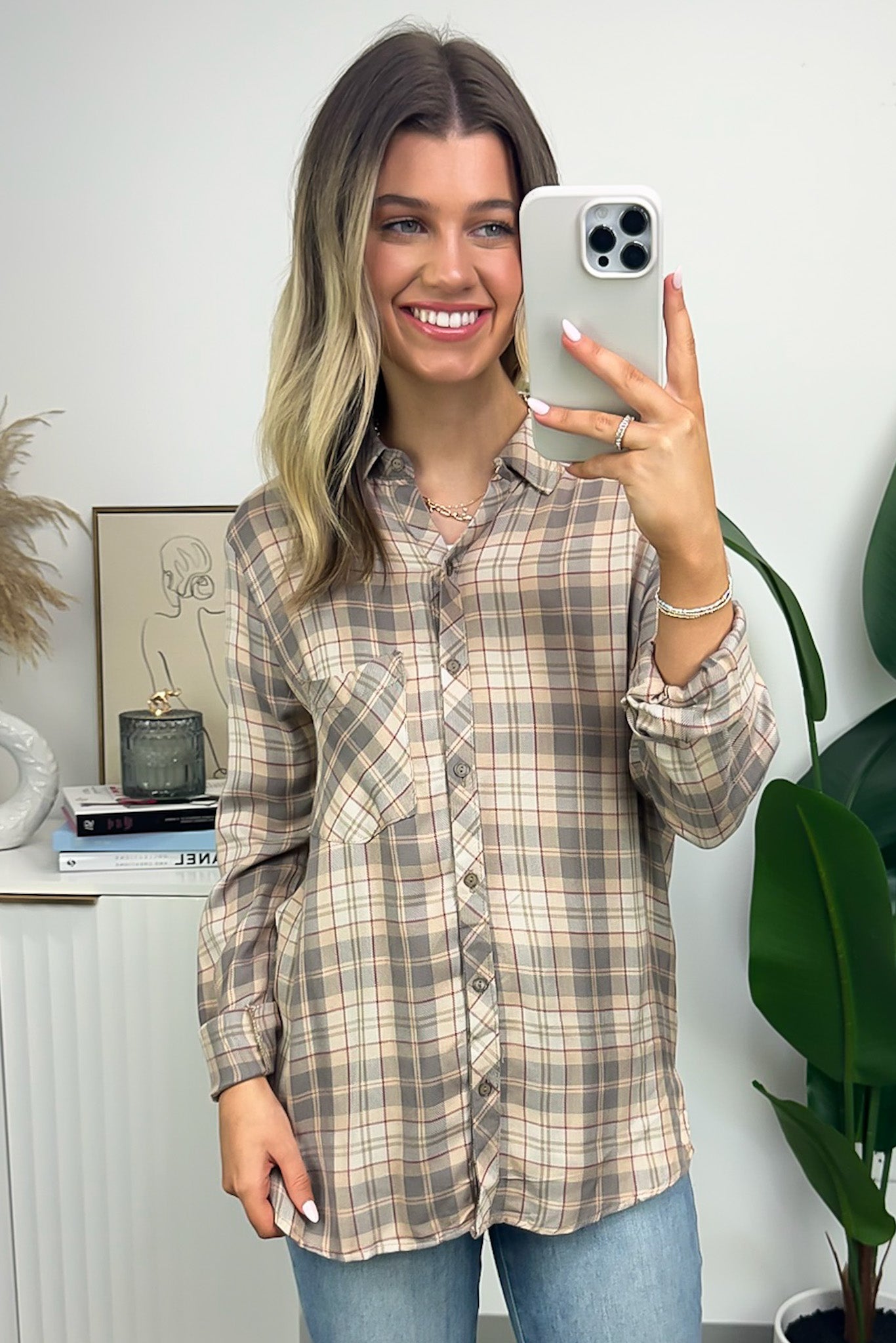Taupe Multi / S Alliyah Plaid Pocket Button Down Top - Madison and Mallory